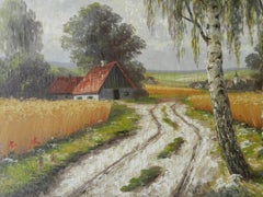 Midcentury French Countryside View Oil Painting Indistinctly Signed