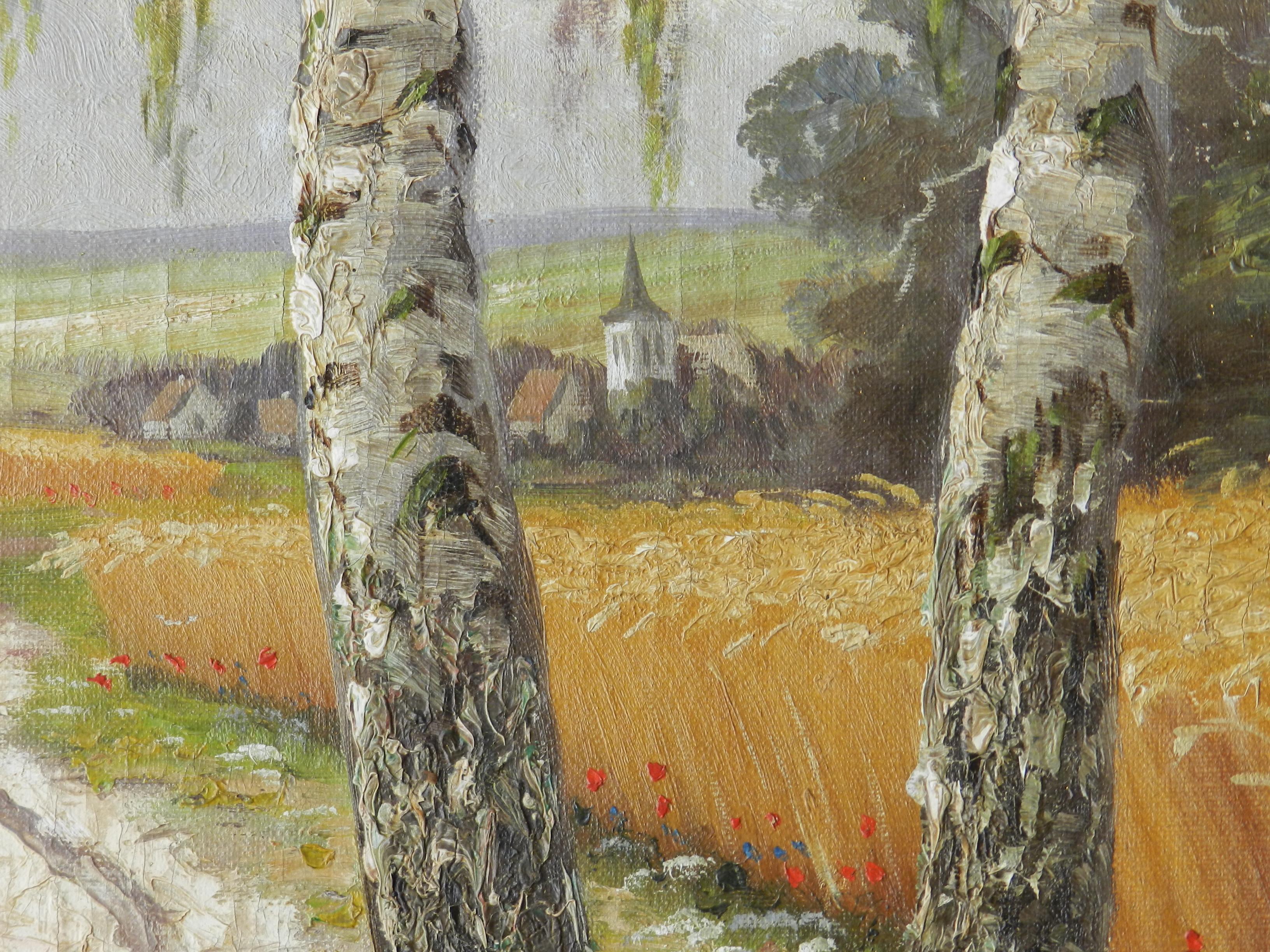 Peinture à l'huile française du milieu du siècle dernier représentant une vue de campagne, signée de manière indistincte - Réalisme Painting par Unknown