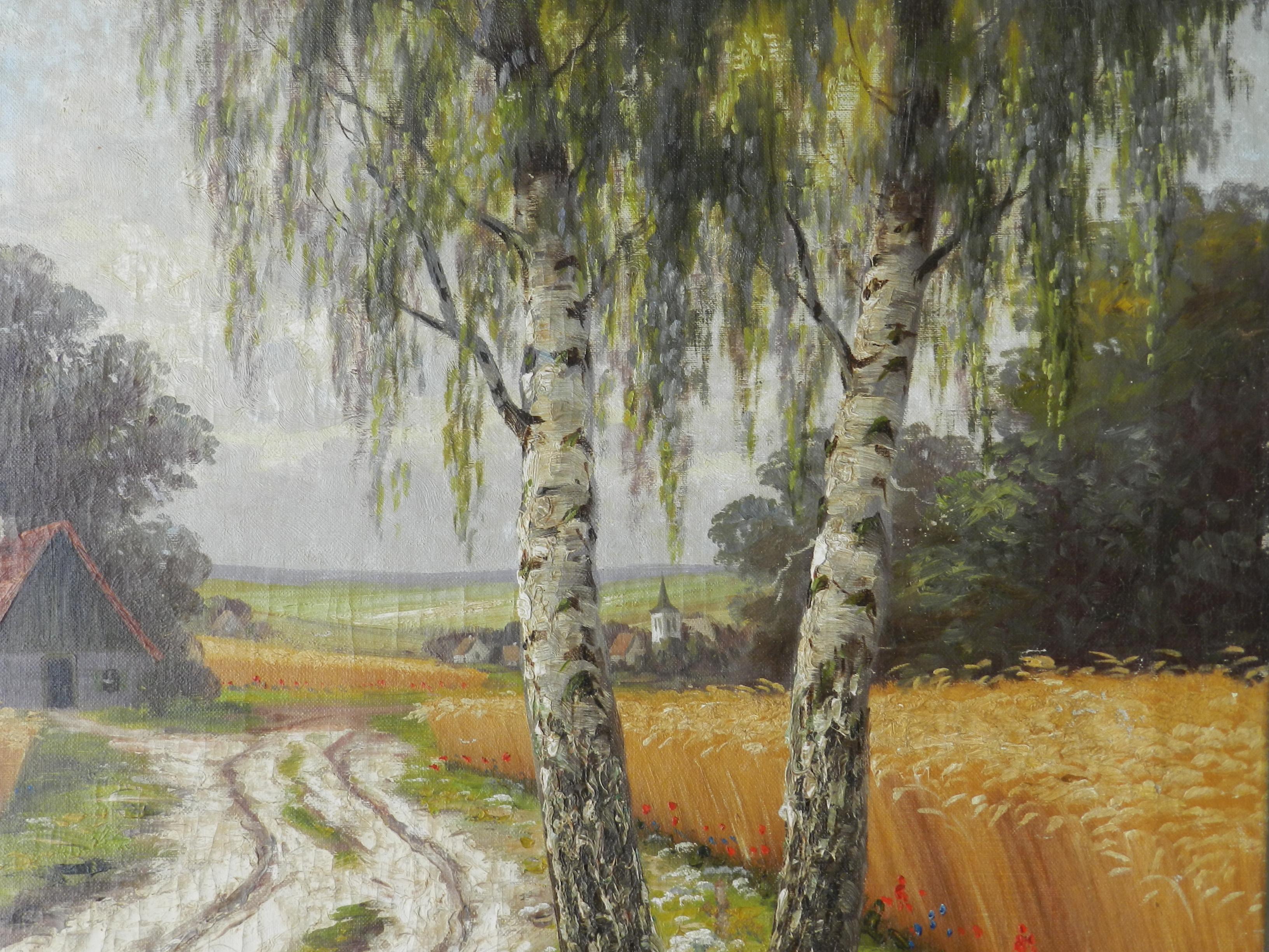 Peinture à l'huile française du milieu du siècle dernier représentant une vue de campagne, signée de manière indistincte - Marron Landscape Painting par Unknown