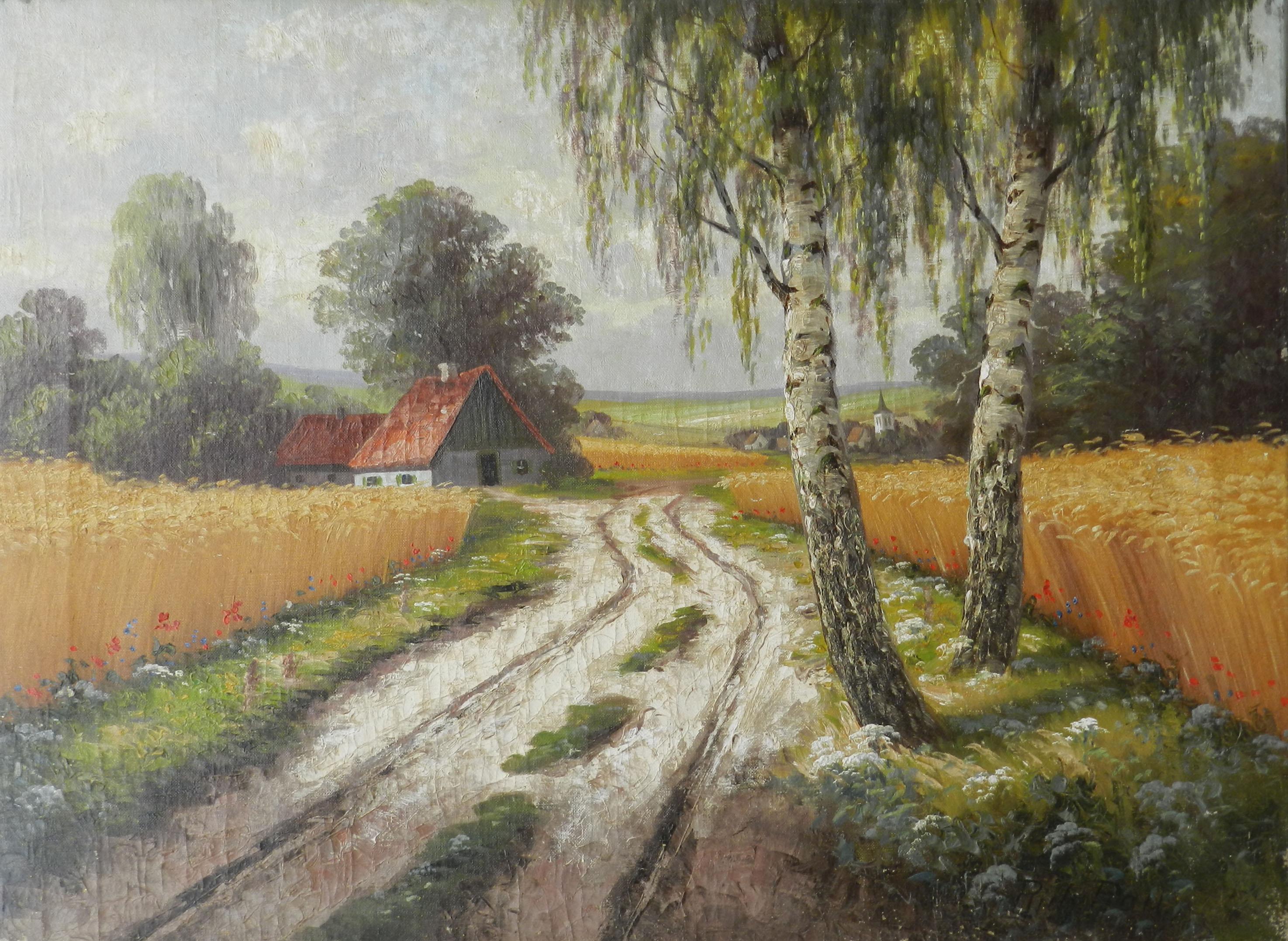 Landscape Painting Unknown - Peinture à l'huile française du milieu du siècle dernier représentant une vue de campagne, signée de manière indistincte