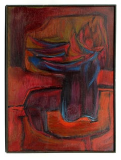 MidCentury Interior Abstract Floral Framed Oil Painting Large Purple Blue Orange