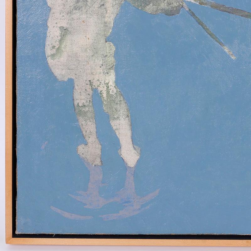 Peinture à l'huile du milieu du siècle sur toile de trois garçons avec des bâtons représentés de façon unique comme un moment déconstruit sur une toile ouverte entourée de bleu avec des reflets. Signé en bas à droite par le célèbre artiste espagnol,