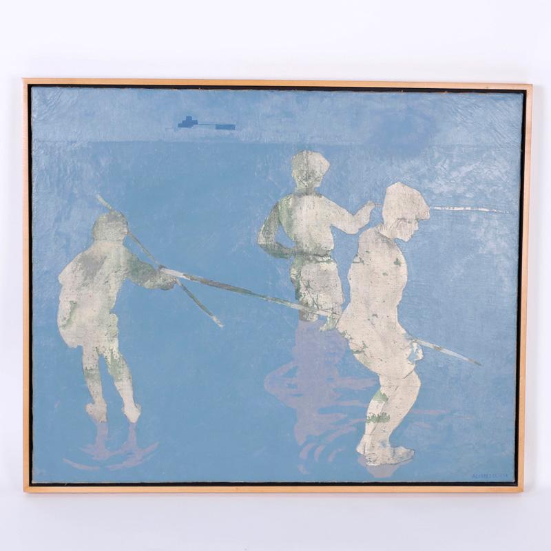 Figurative Painting Unknown - Peinture à l'huile sur toile de garçons pêchant, datant du milieu du siècle dernier