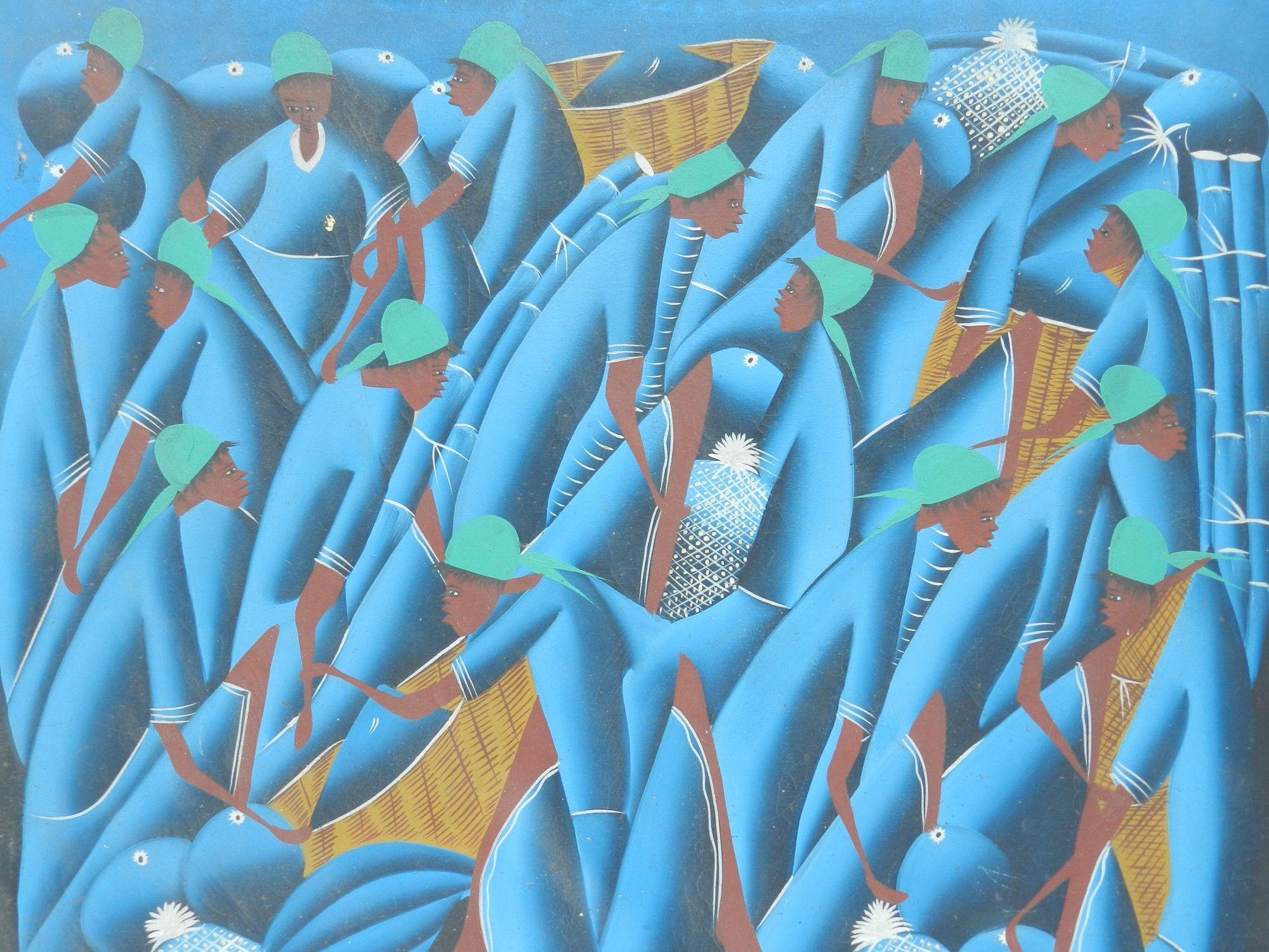 Pintura africana de mediados de siglo de Sergo French African
Posiblemente de Camerún
Aldeanos Cosecha de fruta
 