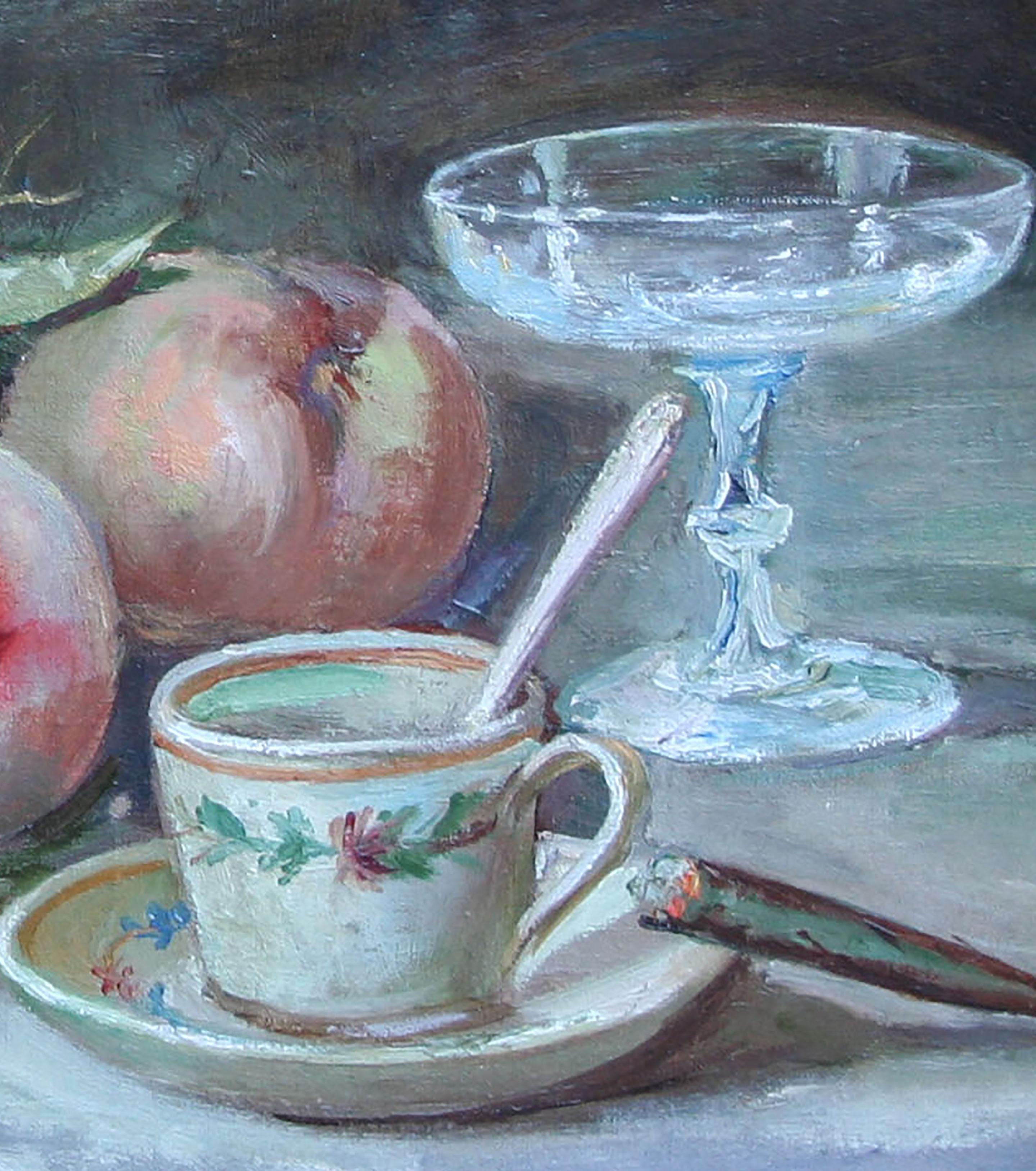 Mid Century Still Life with Pastries and Fruit - Gray Still-Life Painting by Unknown