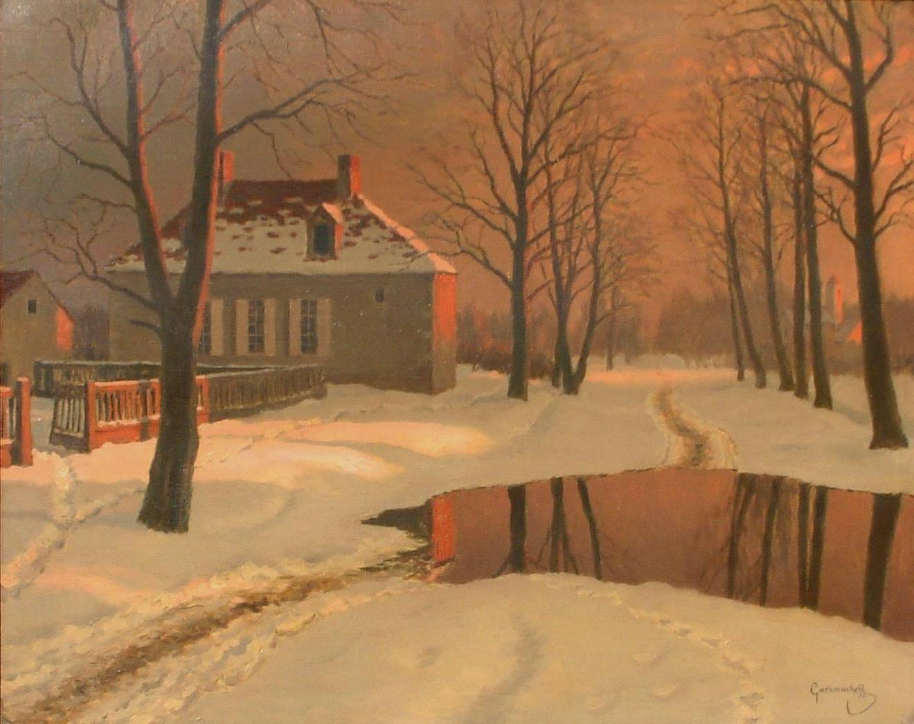 Mikhail Germachev Russian Artist Winter Snow Scene, Oil on Canvas - Painting by Unknown
