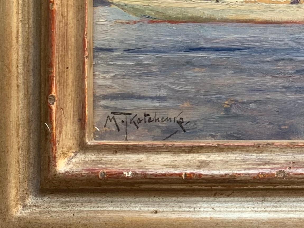 Mikhail Tkatchenko, (1860-1916) Öl auf Tafel, um 1896. Maritimer kaiserlicher Hofmaler sowohl unter Alexander III. als auch unter Nikolaus II. Das Gemälde zeigt angeblich die kaiserlich-russische Yacht, die auf dem Rückweg von der Einweihung der