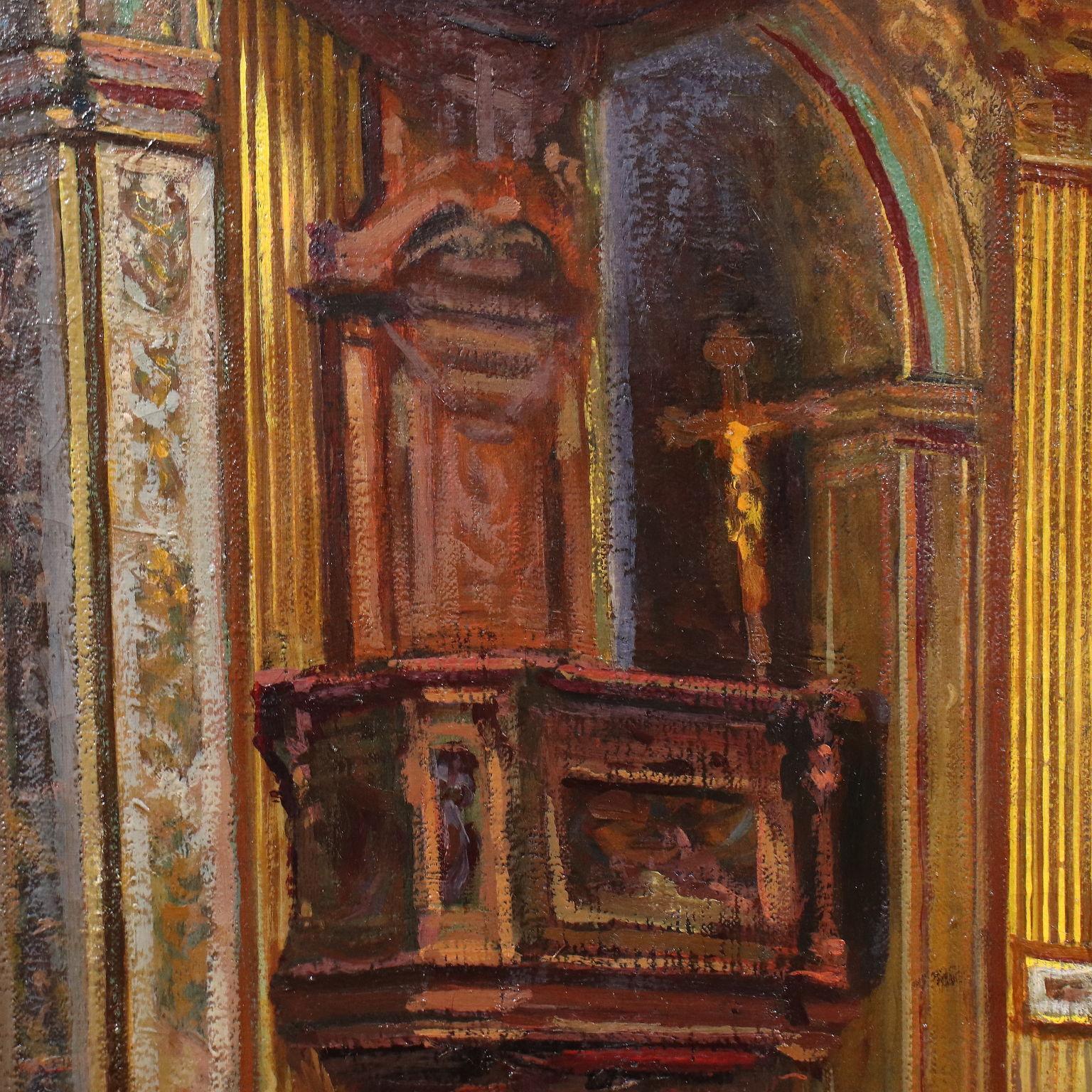 Milan Church of Sant'Antonio, '900, oil on canvas - Brown Interior Painting by Unknown