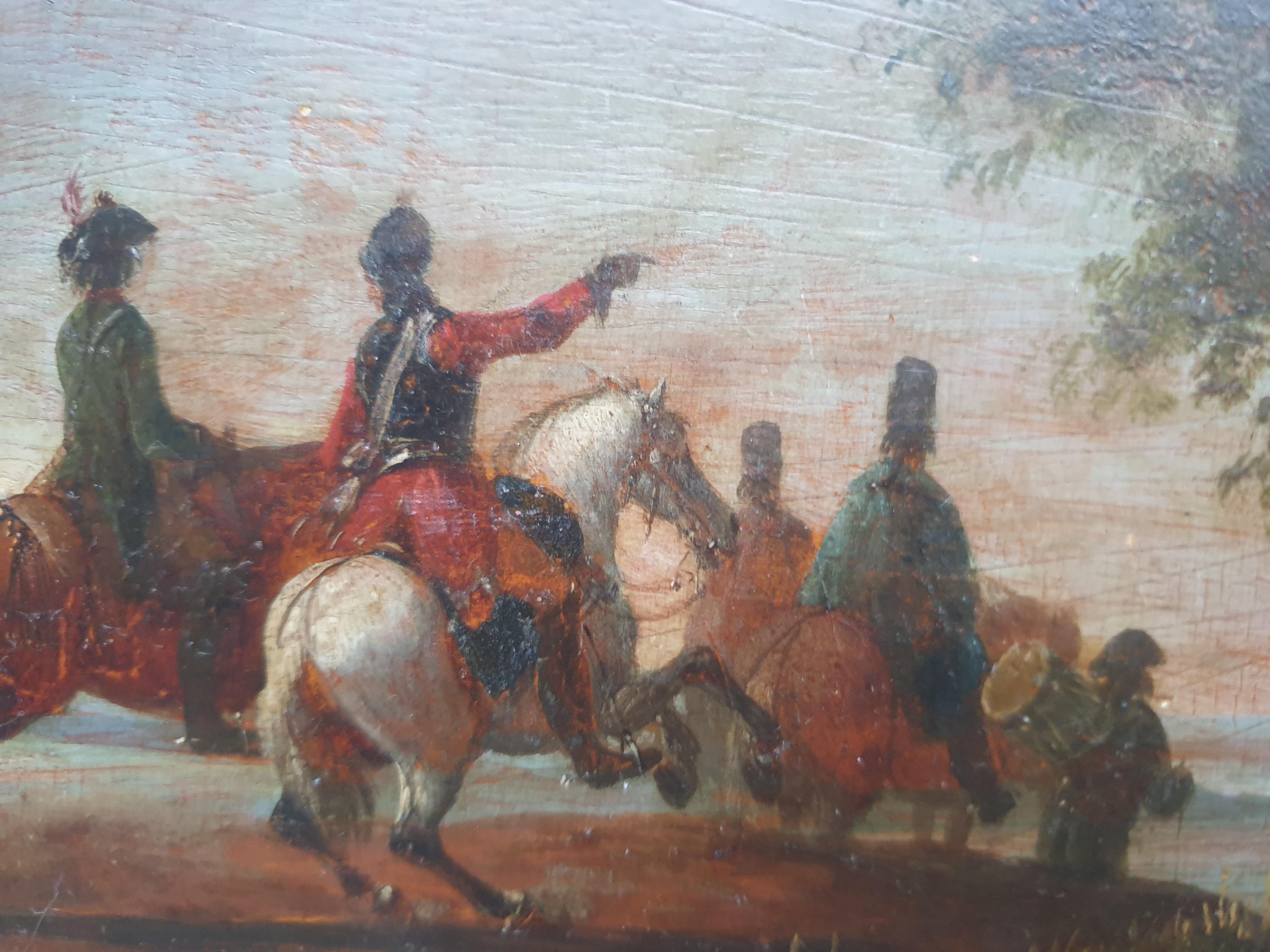 Militar Siglo XVIII Pintura Soldados Caballería Panel de madera - Painting Escuela holandesa de Unknown