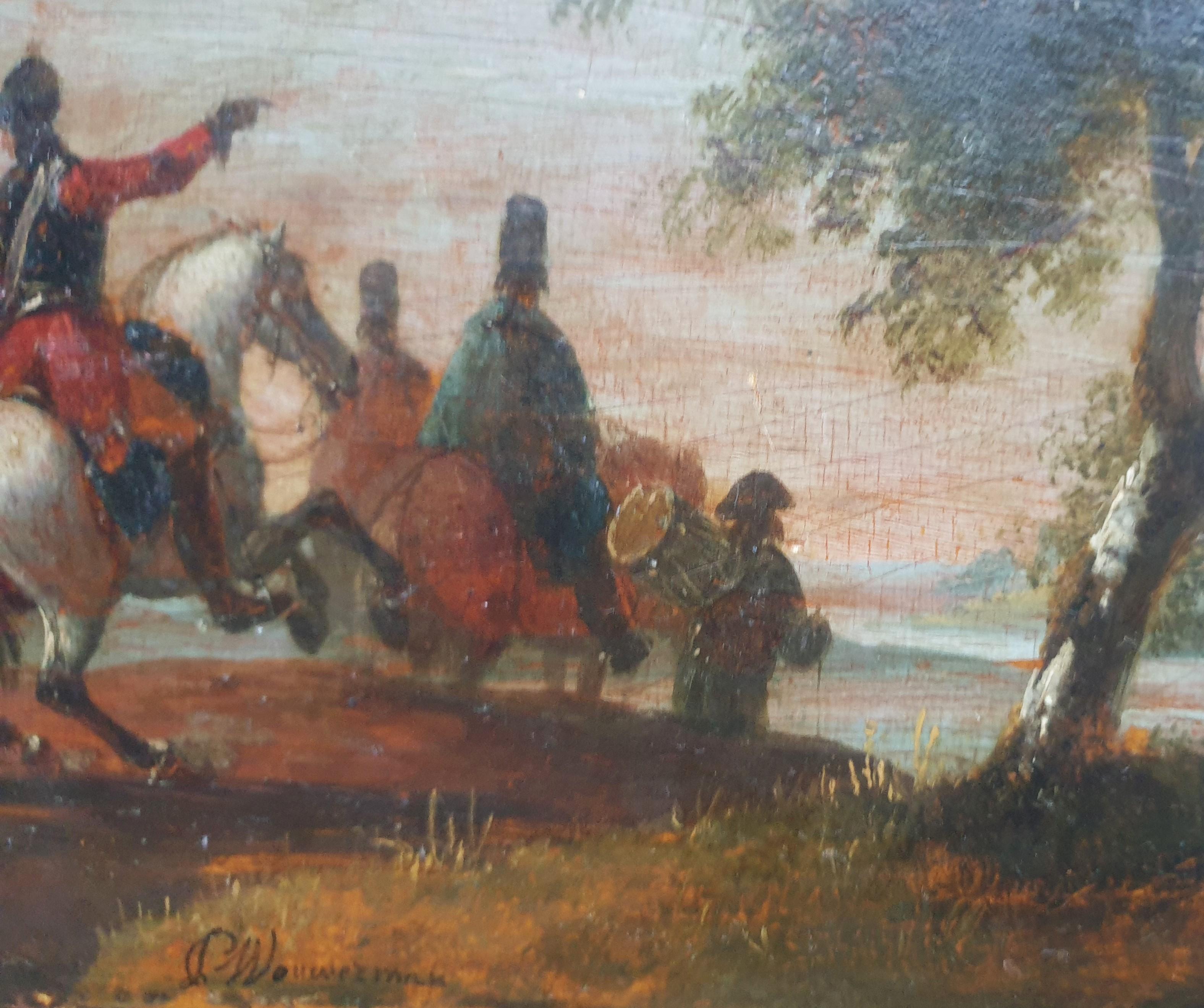 Militar Siglo XVIII Pintura Soldados Caballería Panel de madera - Landscape Painting Gris de Unknown