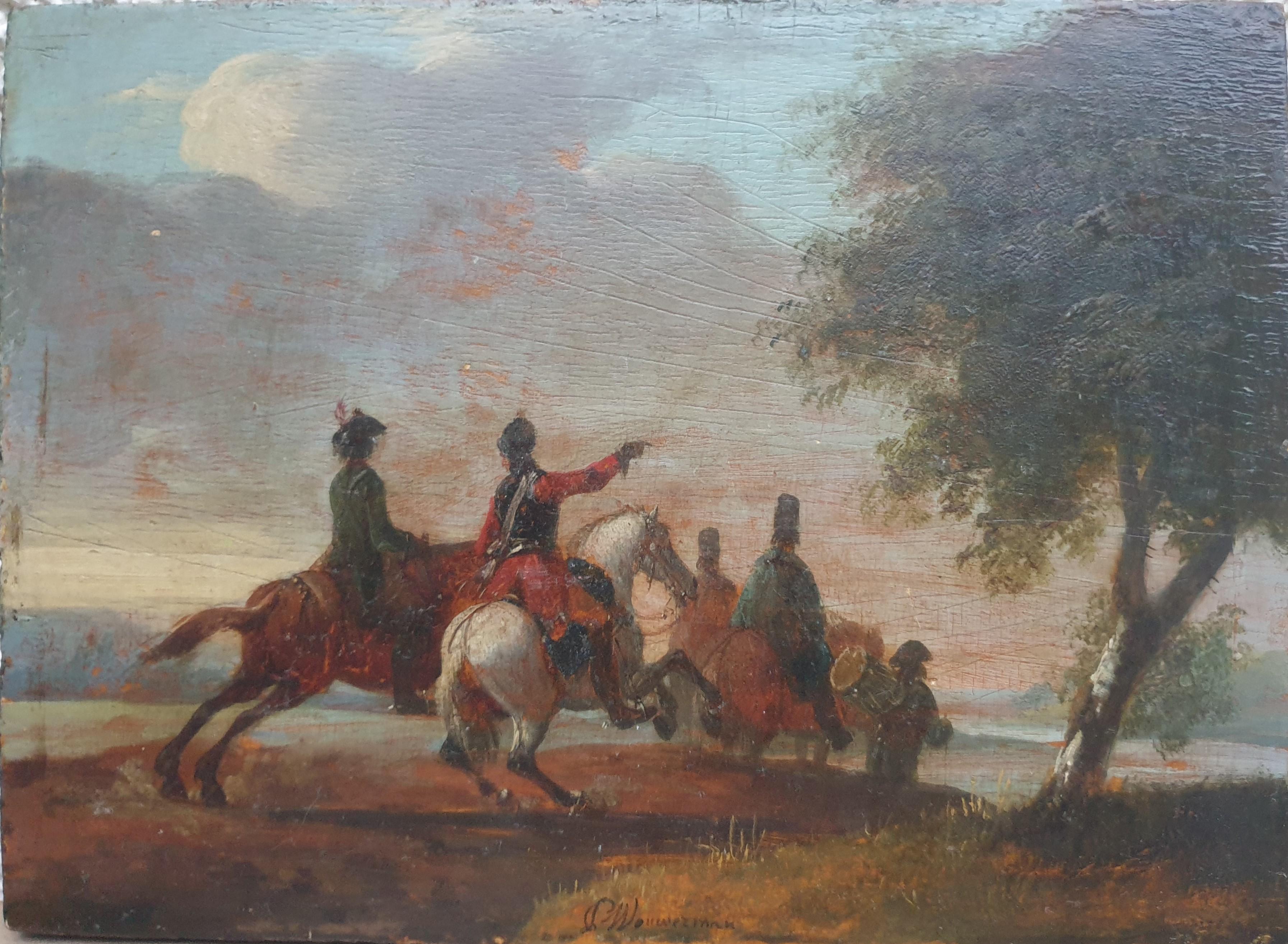Landscape Painting de Unknown - Militar Siglo XVIII Pintura Soldados Caballería Panel de madera