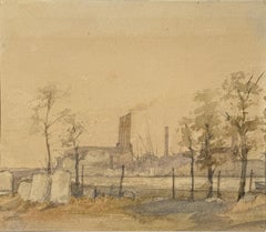 Mill with Masted Ships in a Harbor Original Watercolor