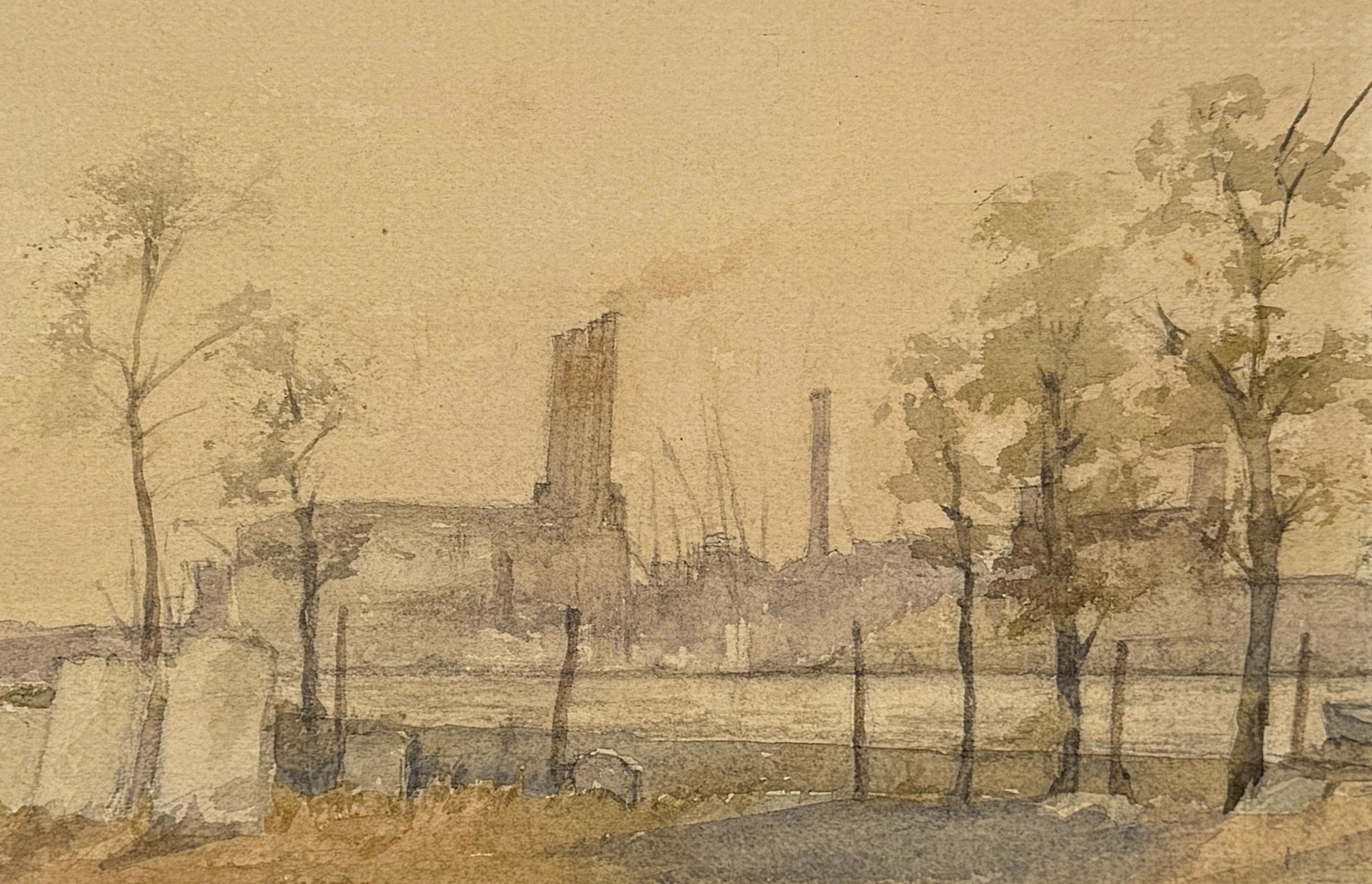 Mulino con navi ad albero in un porto Acquerello originale - Painting Impressionismo di Unknown