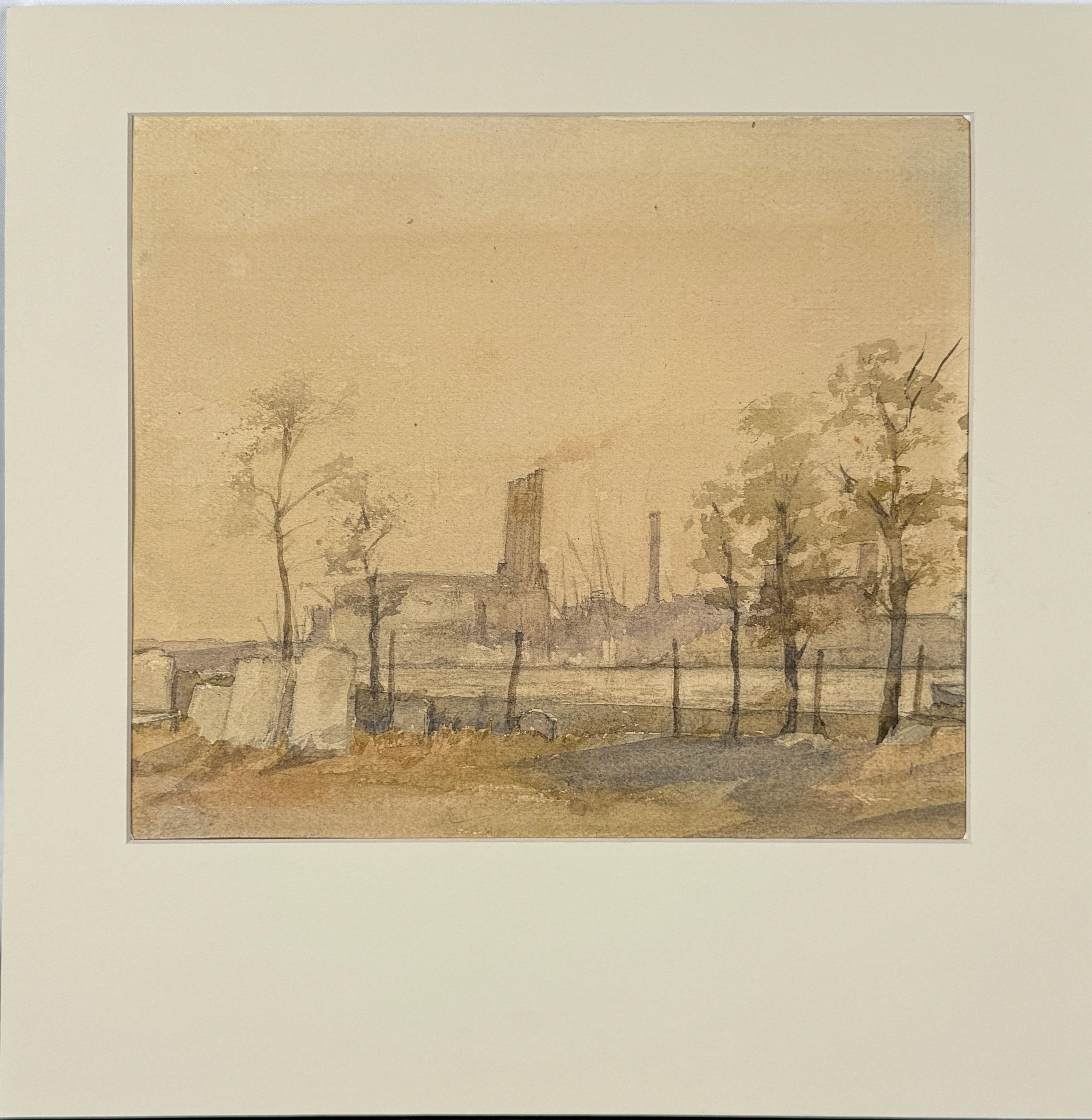 Moulin avec navires à mâts dans un port Aquarelle originale