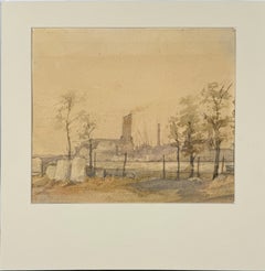 Mill with Masted Ships in a Harbor Original Watercolor