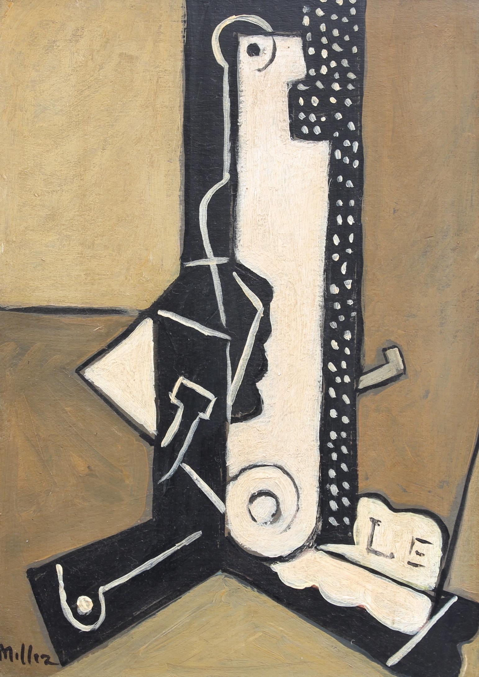 Unknown Still-Life Painting - Miller, 'Still Life with Bottle, Newspaper, Pipe', Abstract Cubist Oil Painting