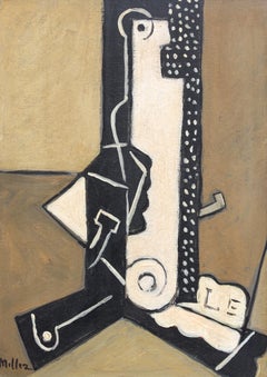 Miller, 
Still Life with Bottle, Newspaper, Pipe
, Abstract Cubist Oil Painting