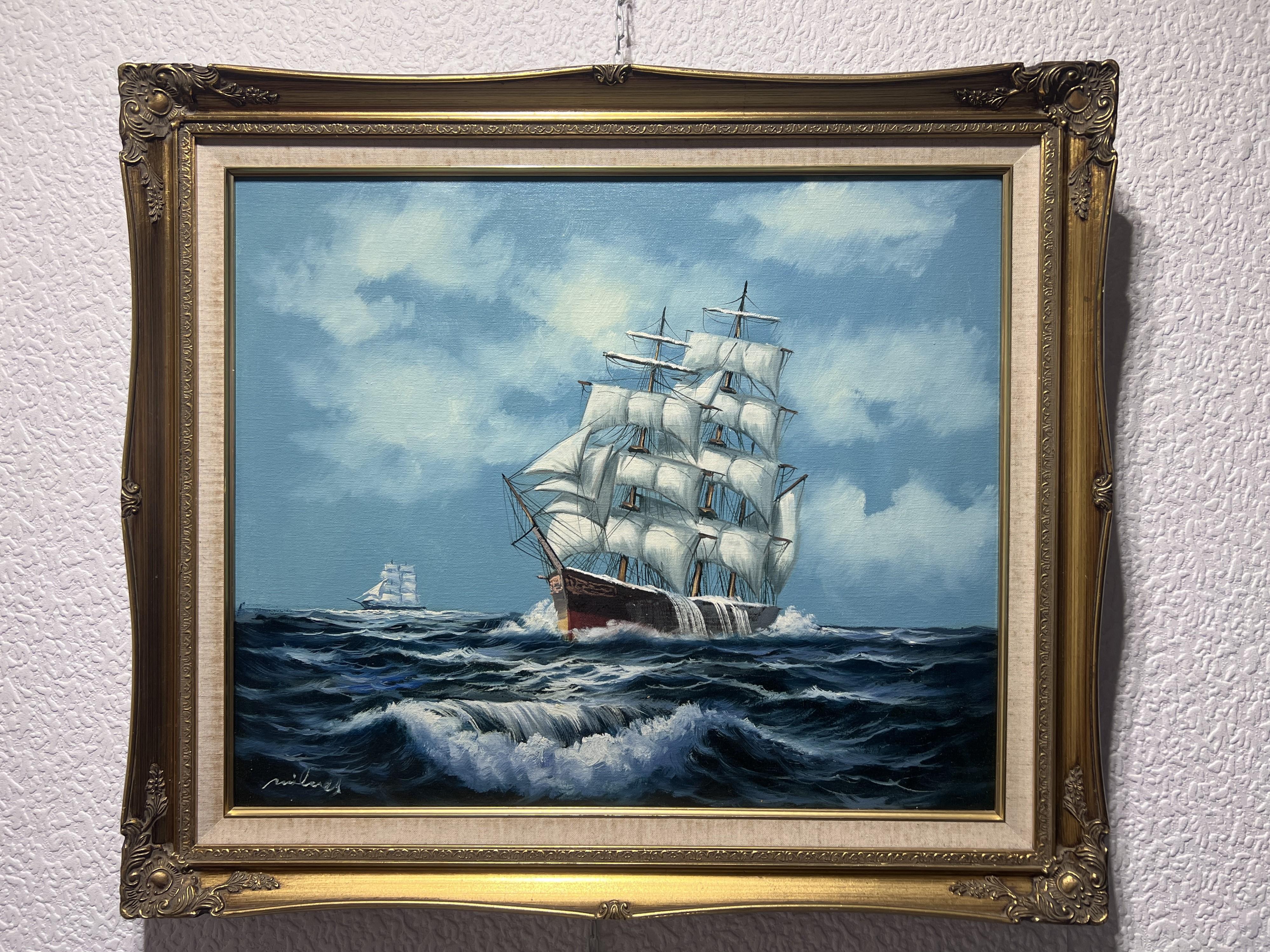 A.A. Milne, dipinto ad olio originale su tela, Paesaggio marino, Nave a vela, Cornice dorata - Painting di Unknown