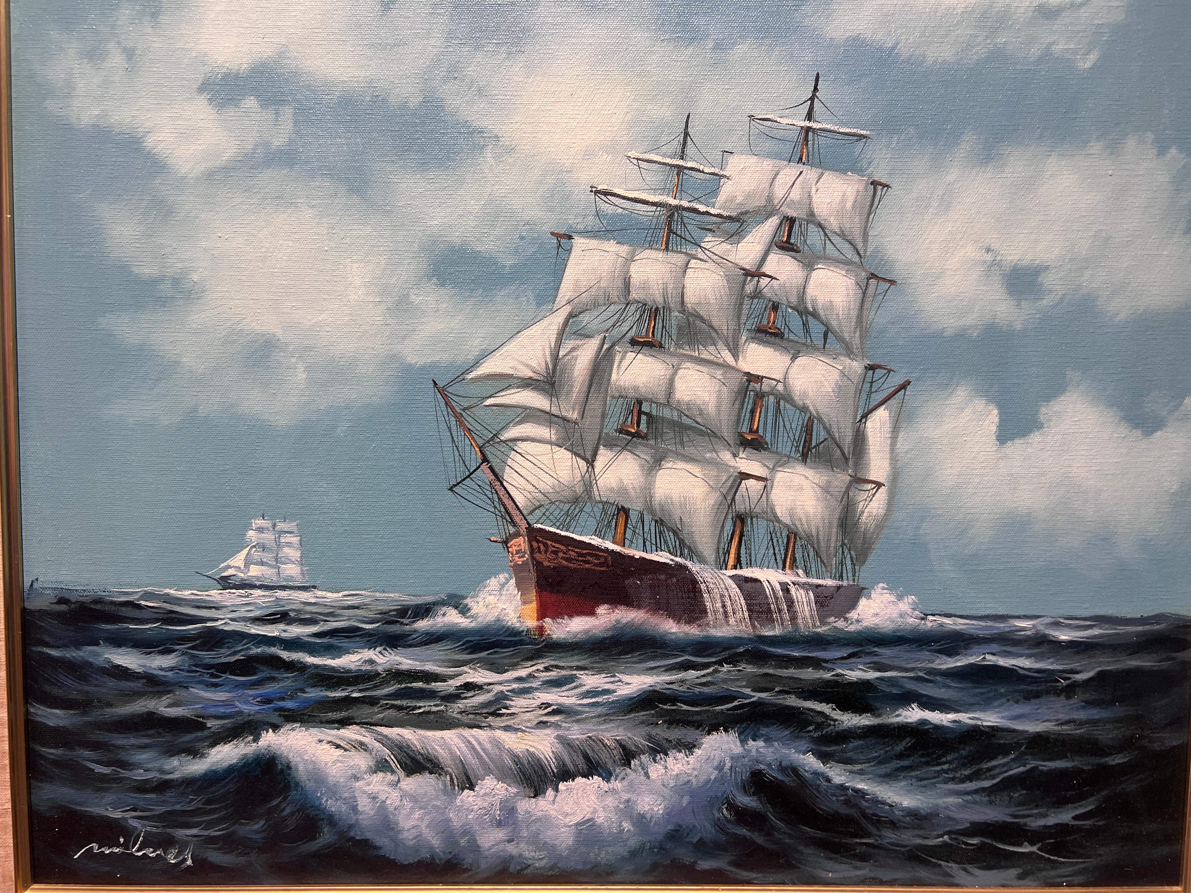 A.A. Milne, dipinto ad olio originale su tela, Paesaggio marino, Nave a vela, Cornice dorata - Painting Impressionismo di Unknown