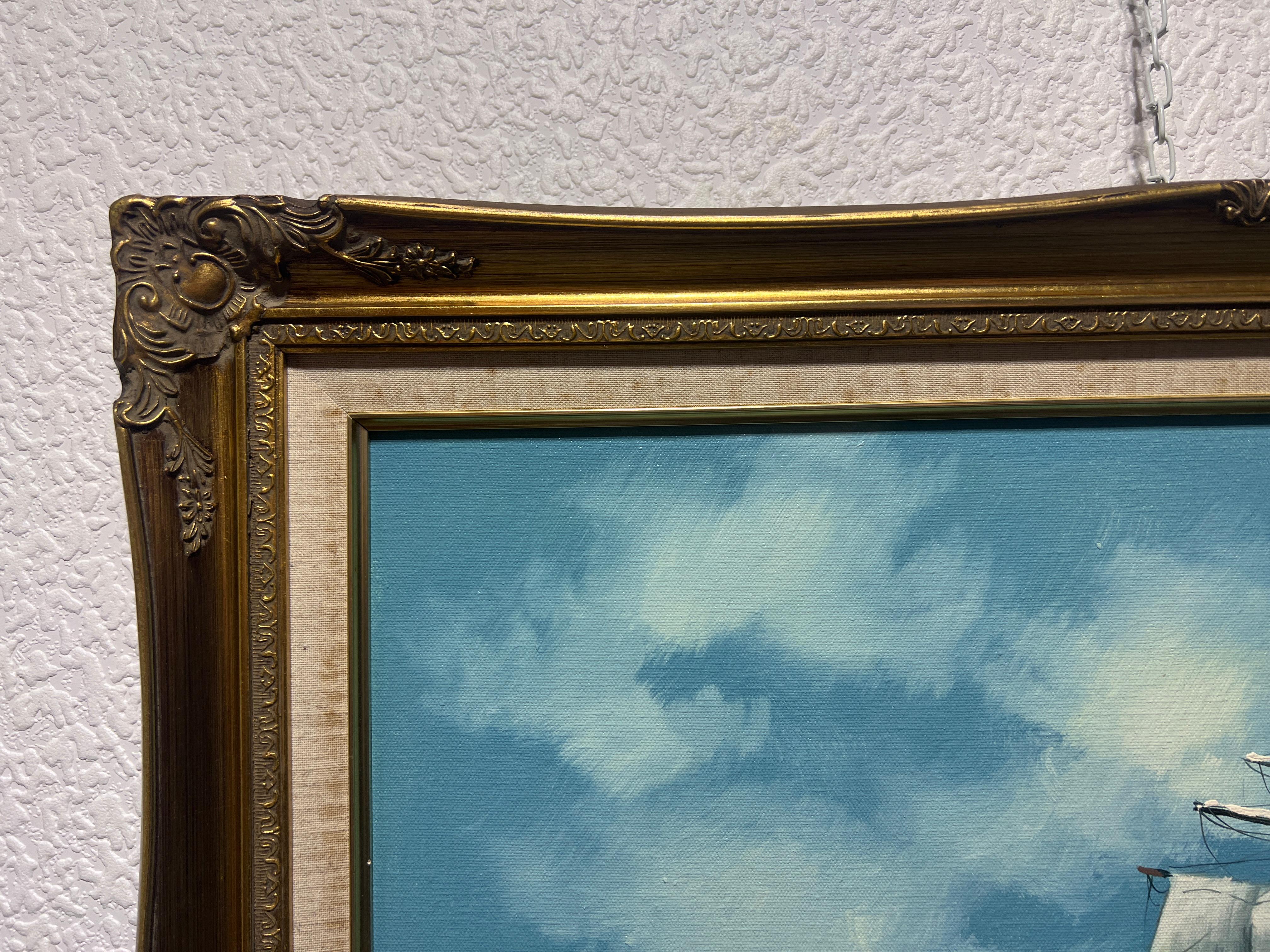 A.A. Milne, dipinto ad olio originale su tela, Paesaggio marino, Nave a vela, Cornice dorata 1