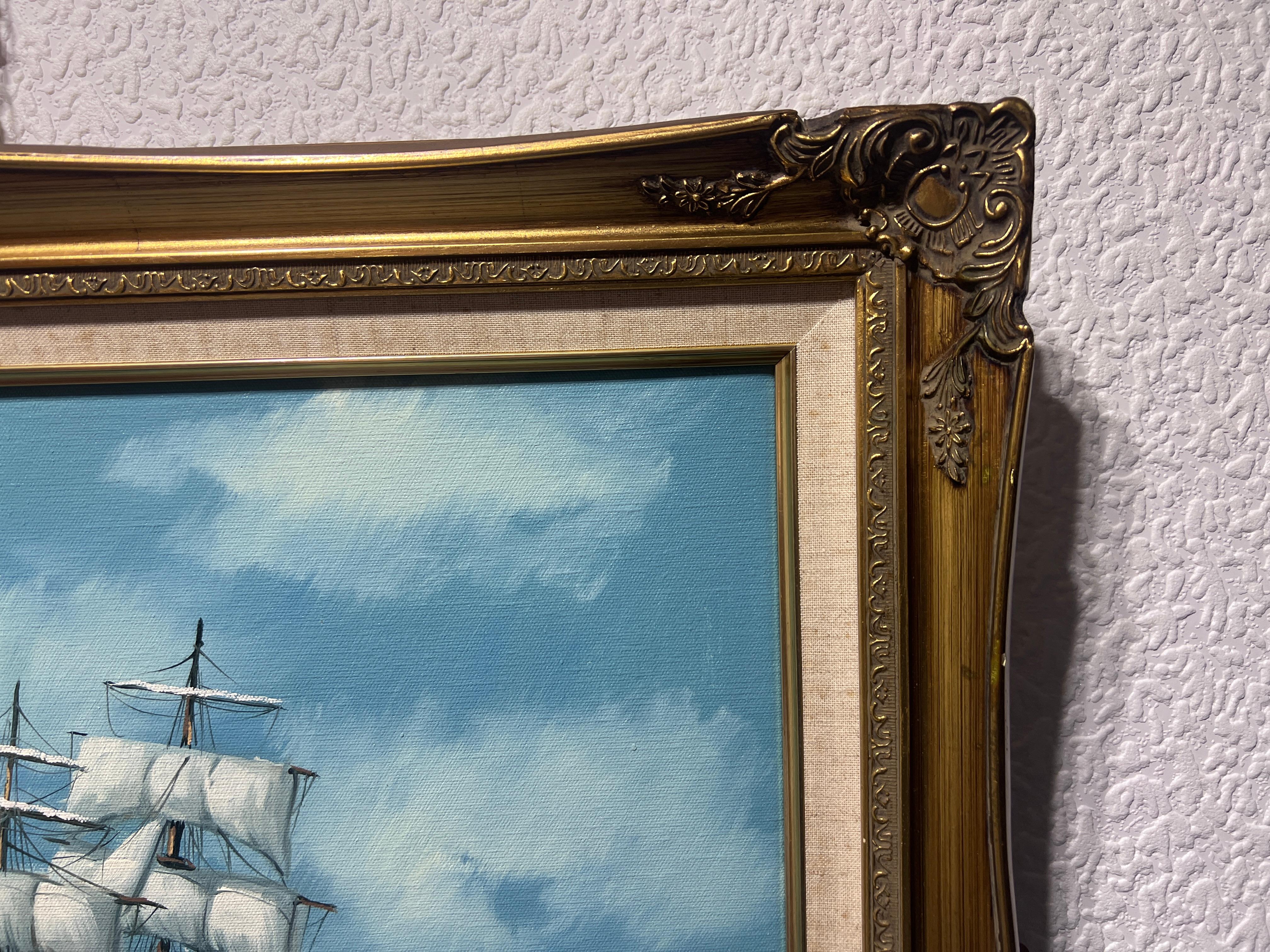 A.A. Milne, dipinto ad olio originale su tela, Paesaggio marino, Nave a vela, Cornice dorata 2