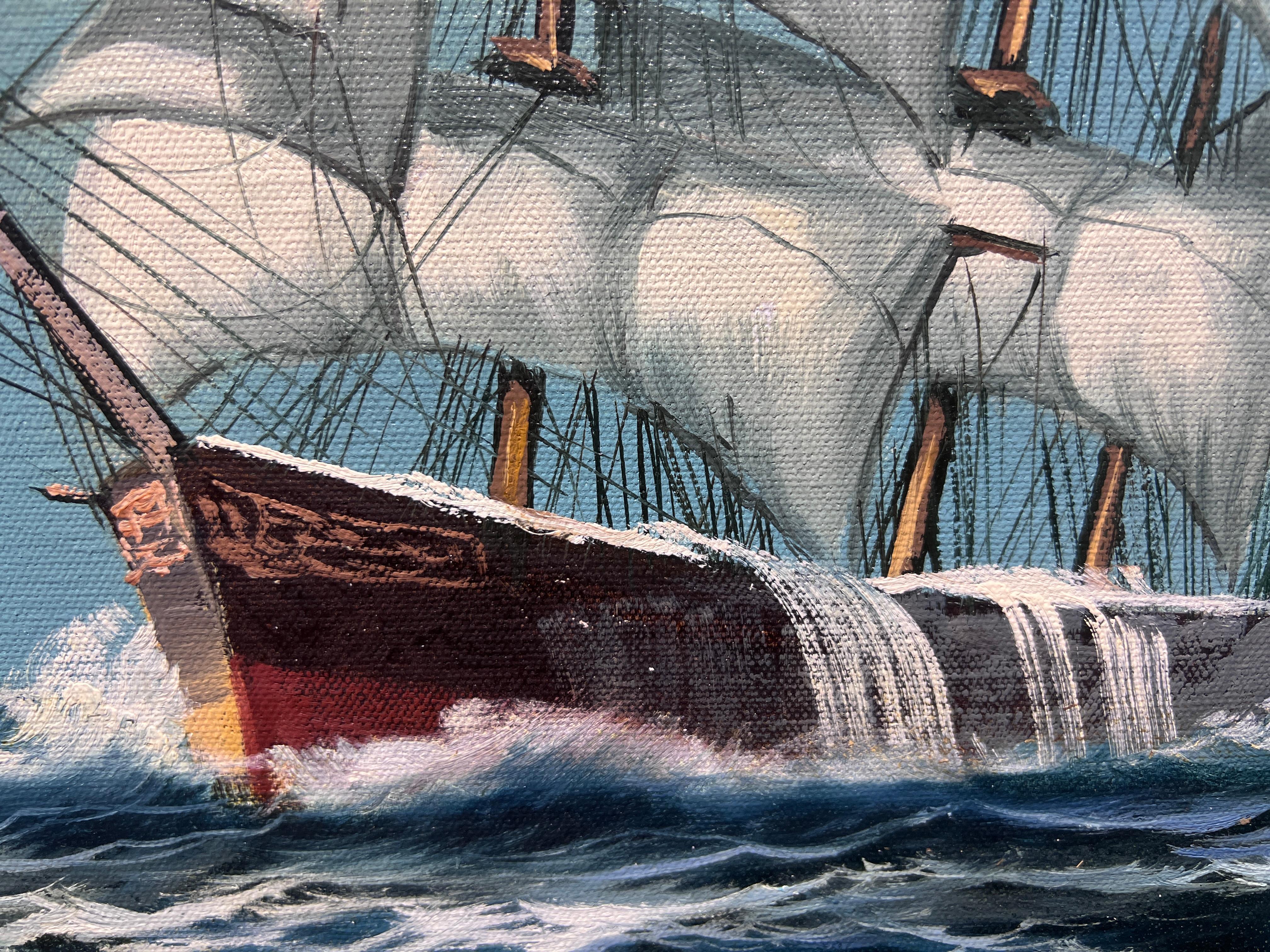 A.A. Milne, dipinto ad olio originale su tela, Paesaggio marino, Nave a vela, Cornice dorata 4