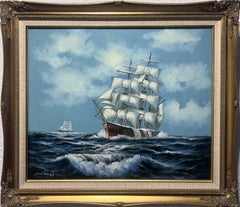 A.A. Milne, dipinto ad olio originale su tela, Paesaggio marino, Nave a vela, Cornice dorata