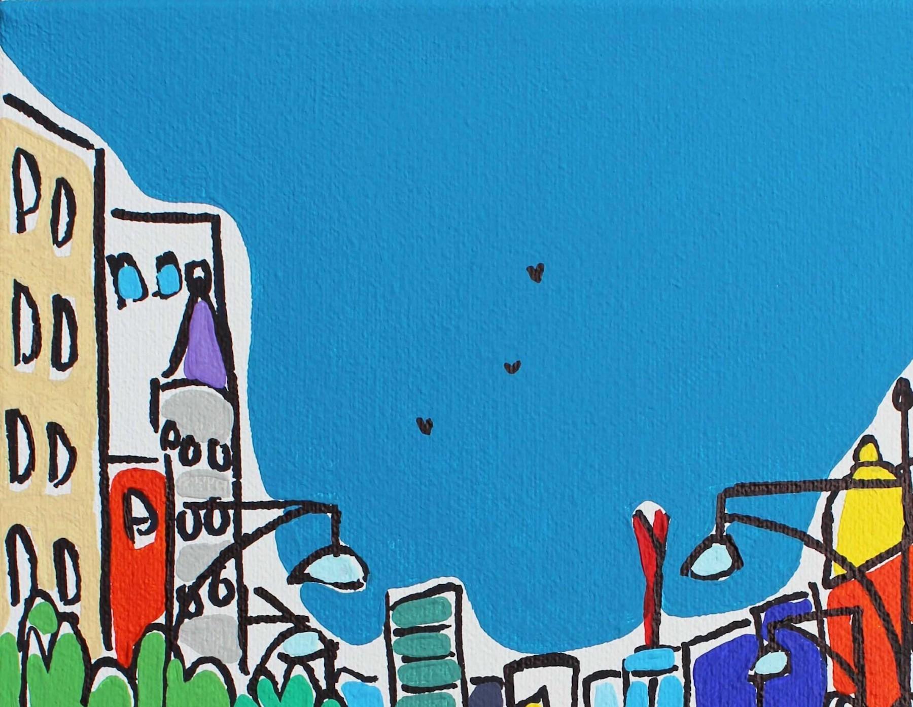 Mini Colours of Oxford Street, London Cityscape Painting, Bright Pop Art - Blue Still-Life Painting by Unknown
