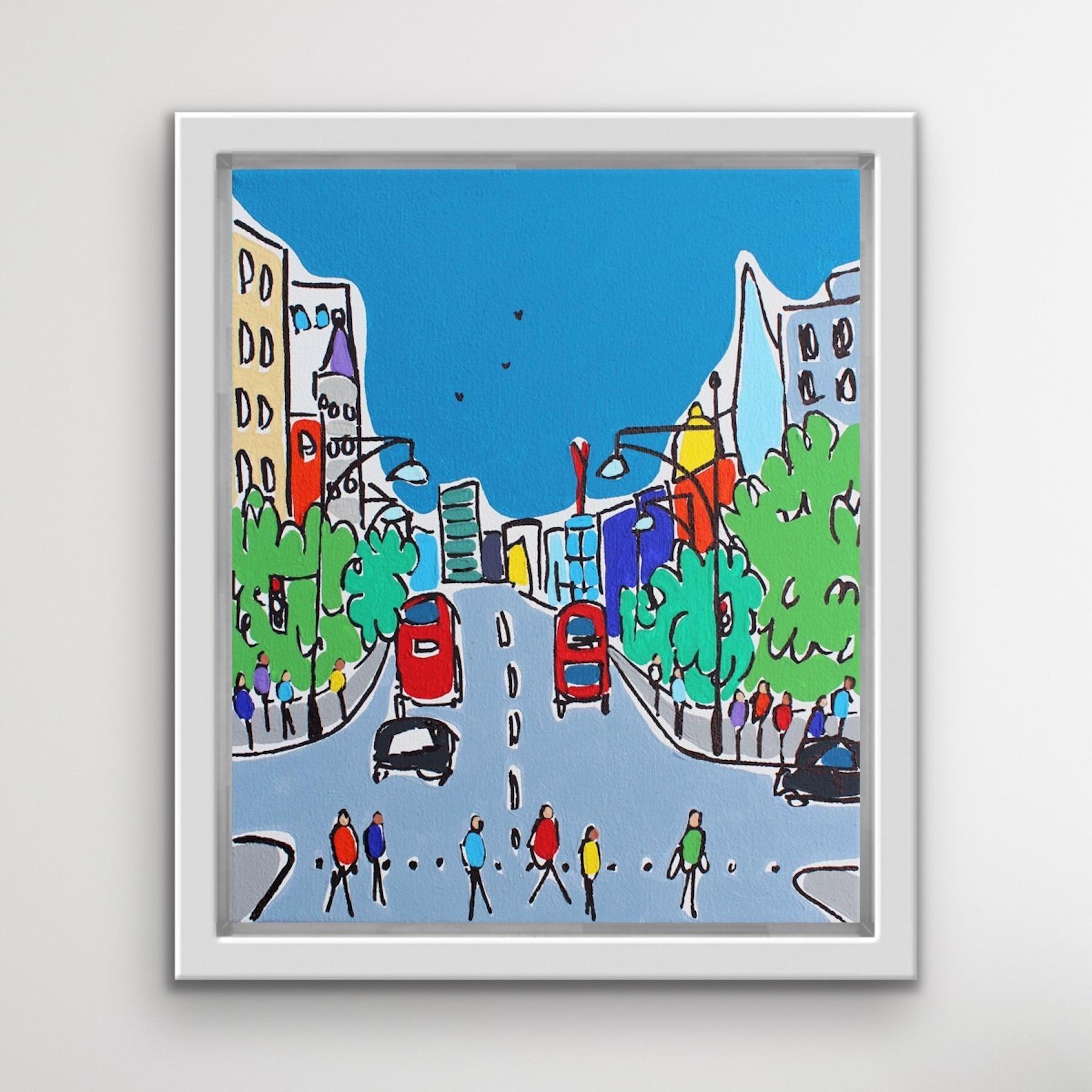 Mini Colours of Oxford Street, London Cityscape Painting, Bright Pop Art For Sale 4