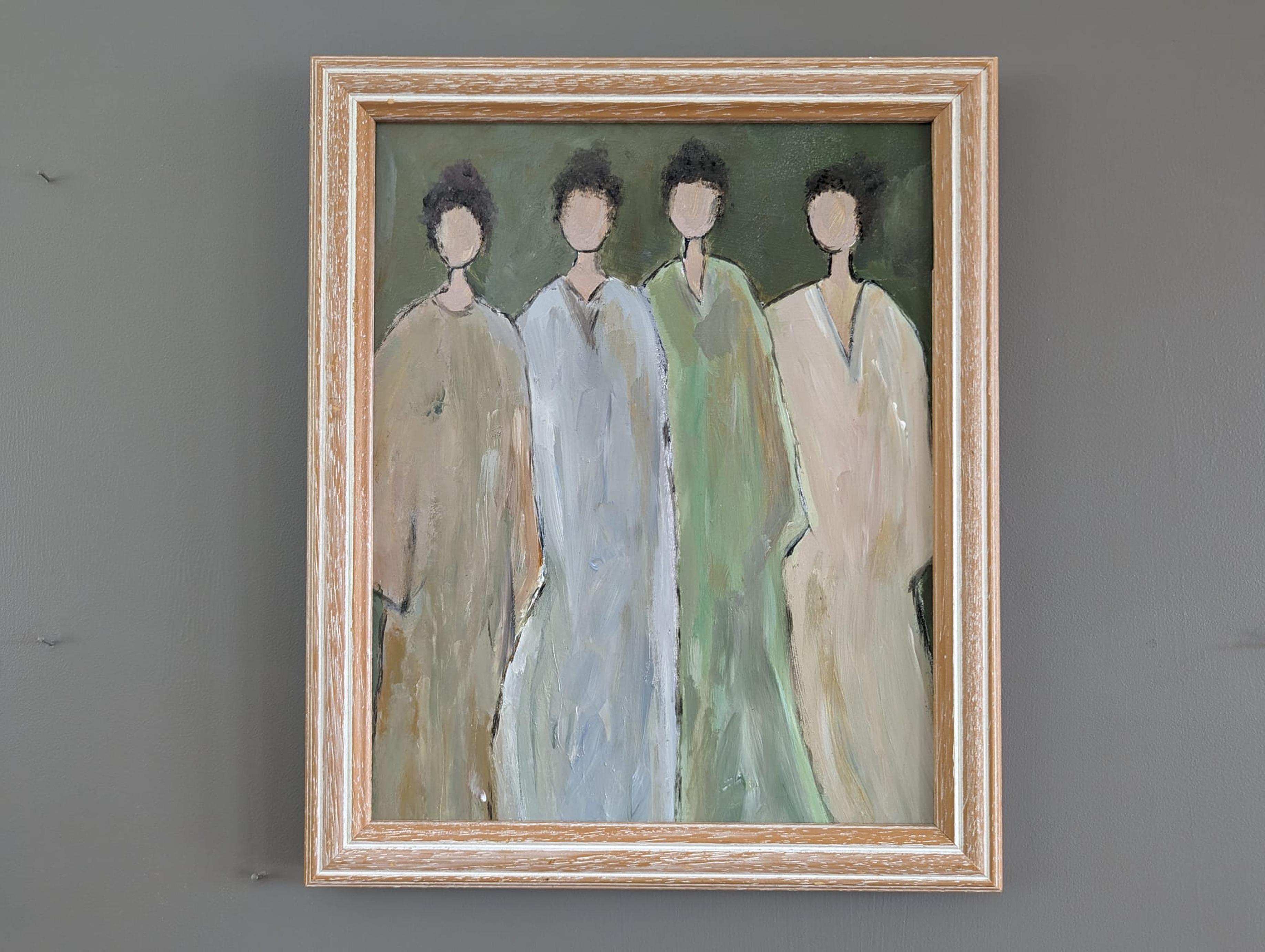 ALIGN
Size: 34.5 x 28 cm (including frame)
Oil on Board

A gentle and elegant modernist-style figurative portrait, executed in oil onto board.

The composition is centered around four female figures standing side by side, each adorned in long
