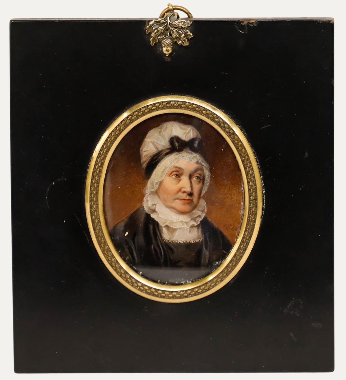 Unknown Portrait Painting – Miniature 1811 Öl - Dame mit Schleife