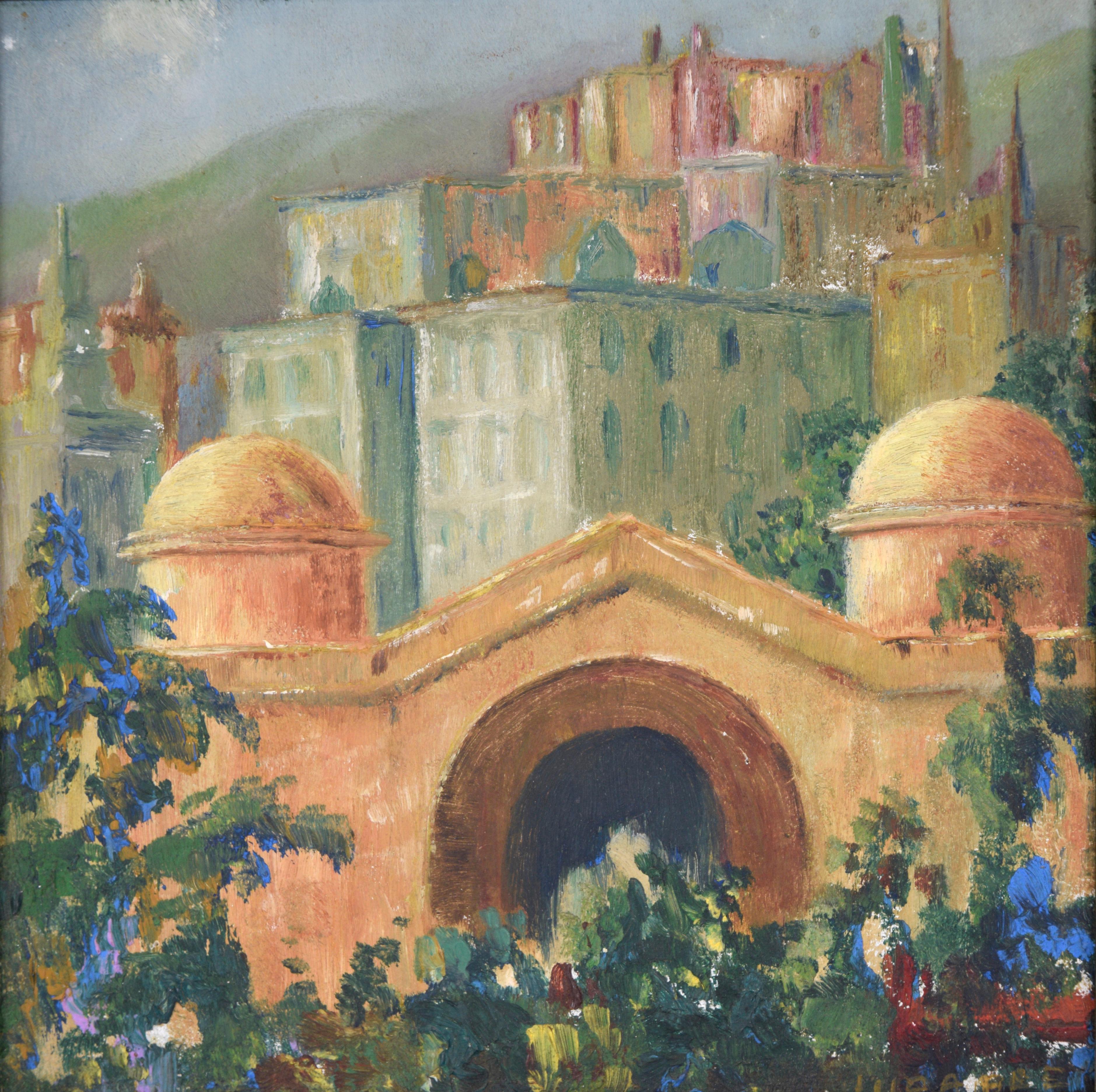 Paysage urbain miniature avec fleurs et vieux pont - Painting de Unknown