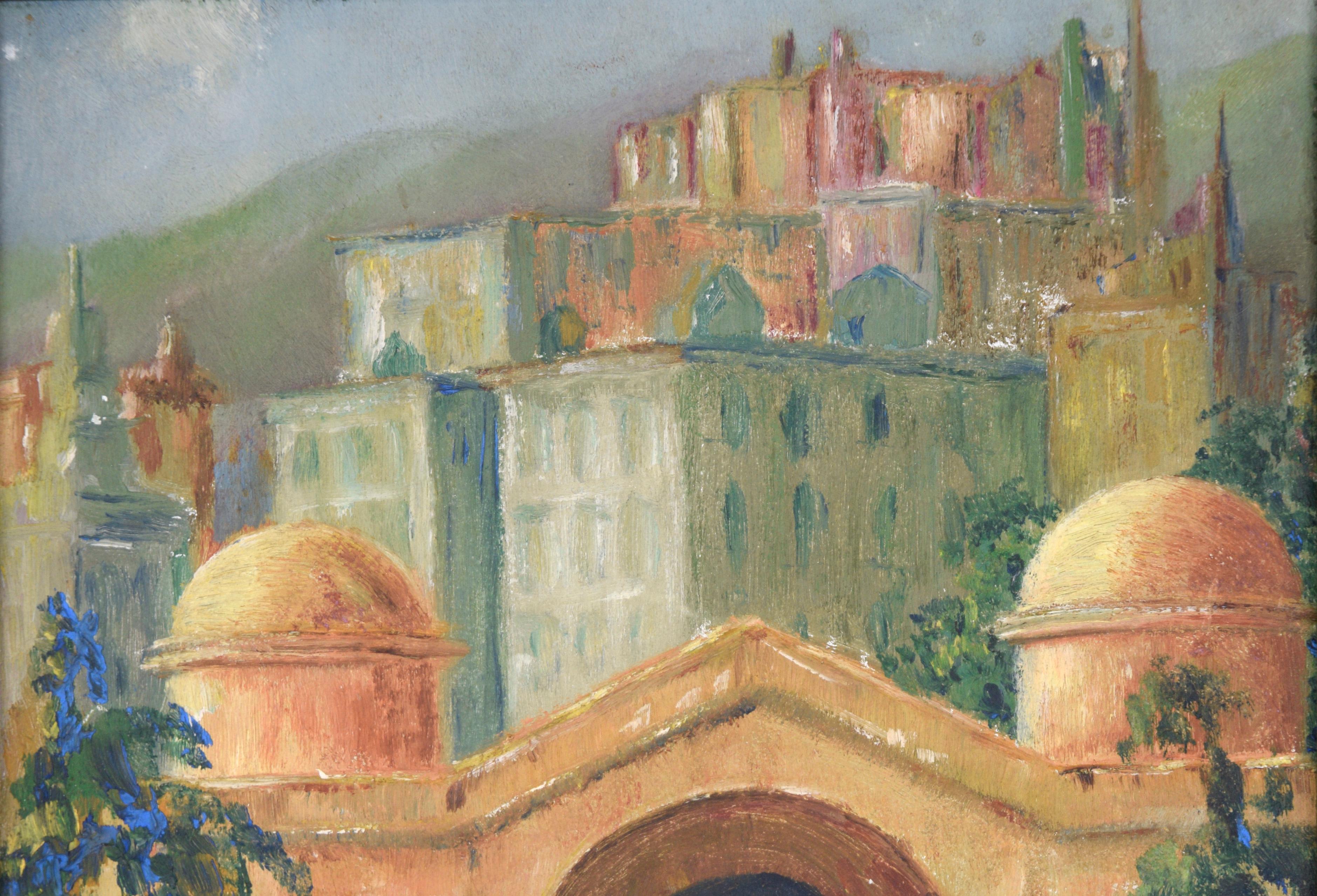 Paysage urbain miniature avec fleurs et vieux pont - Impressionnisme Painting par Unknown