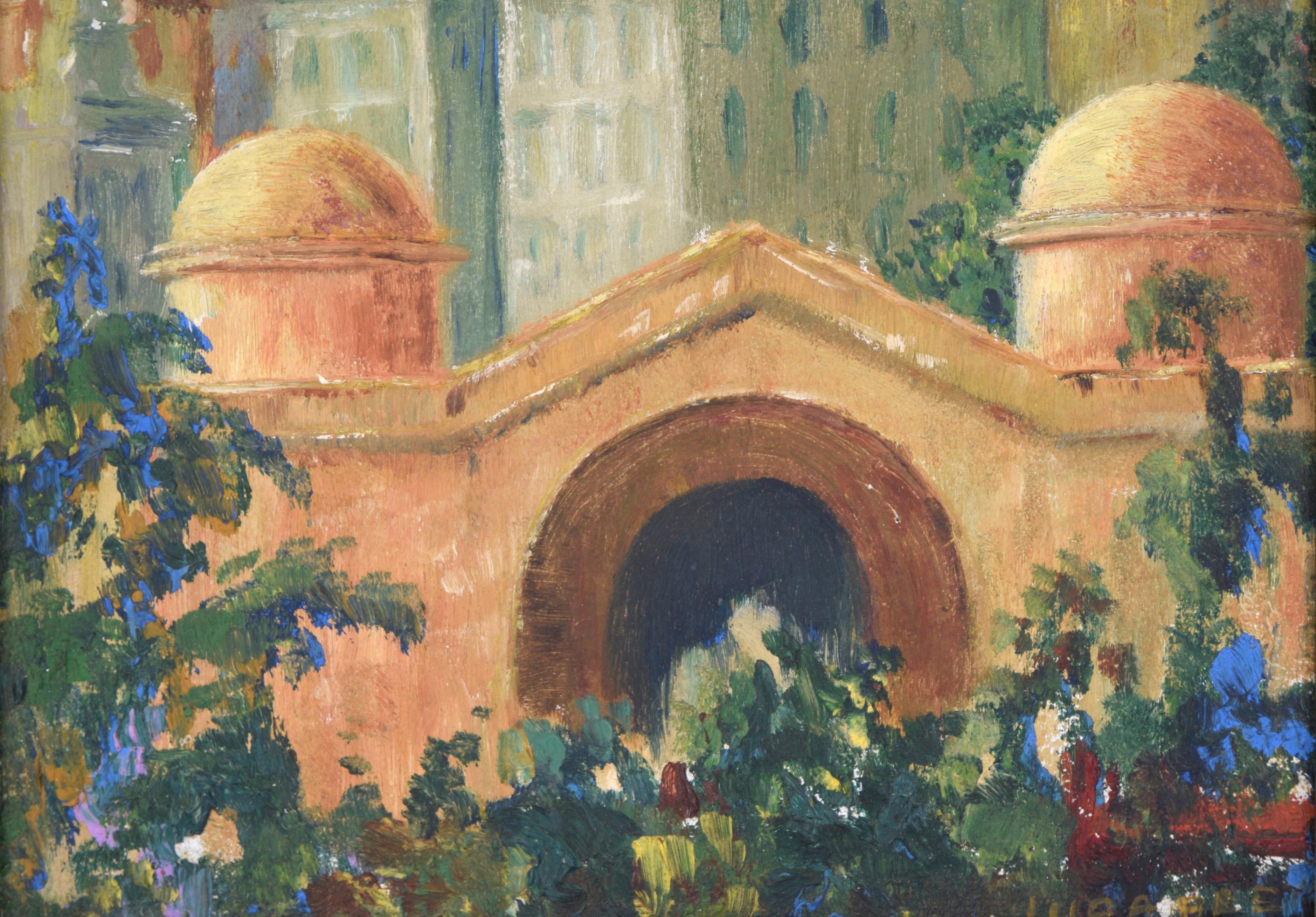 Paysage urbain miniature avec fleurs et vieux pont - Marron Landscape Painting par Unknown