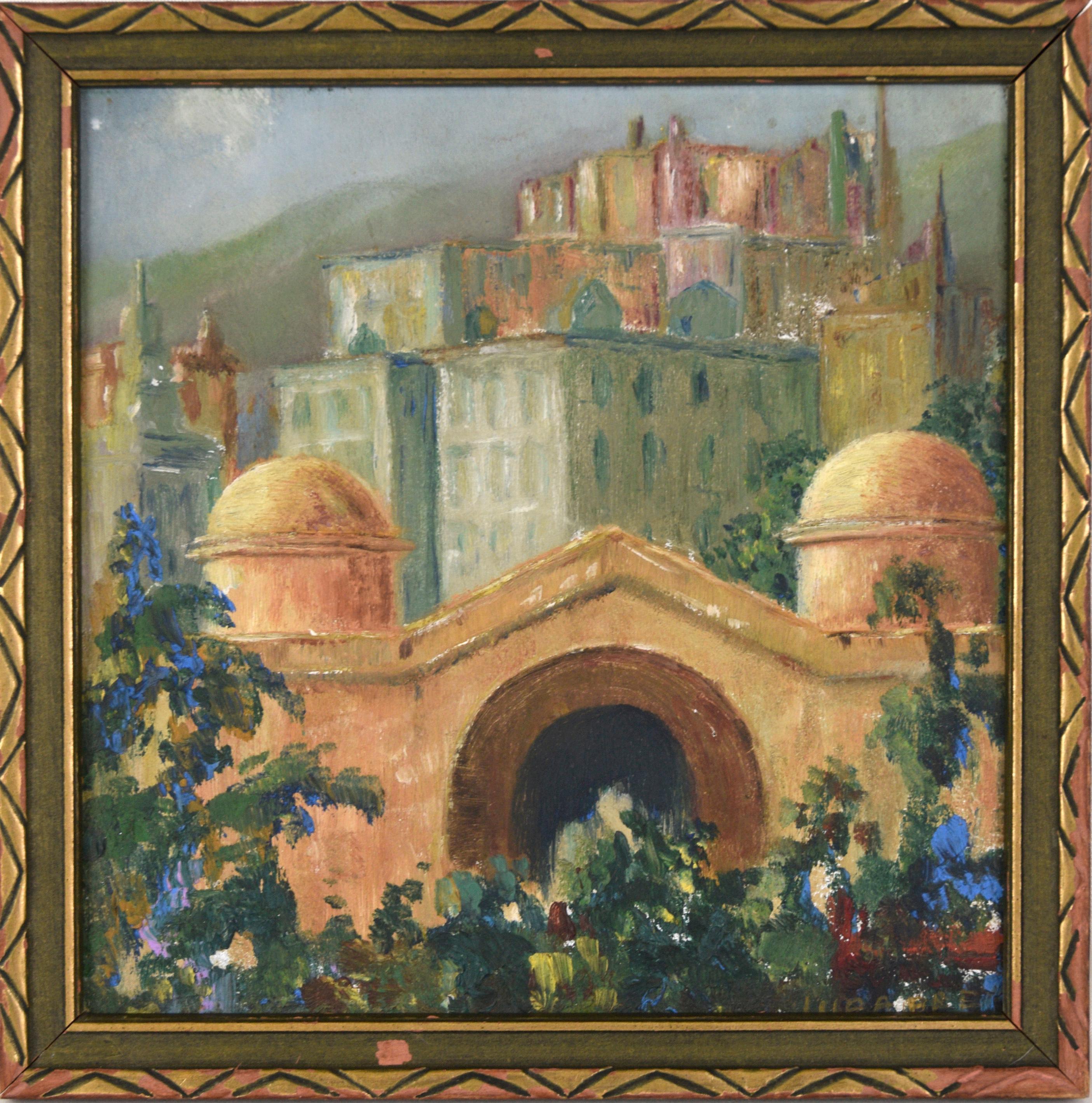 Landscape Painting Unknown - Paysage urbain miniature avec fleurs et vieux pont