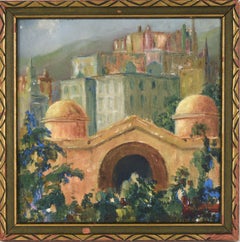 Paysage urbain miniature avec fleurs et vieux pont