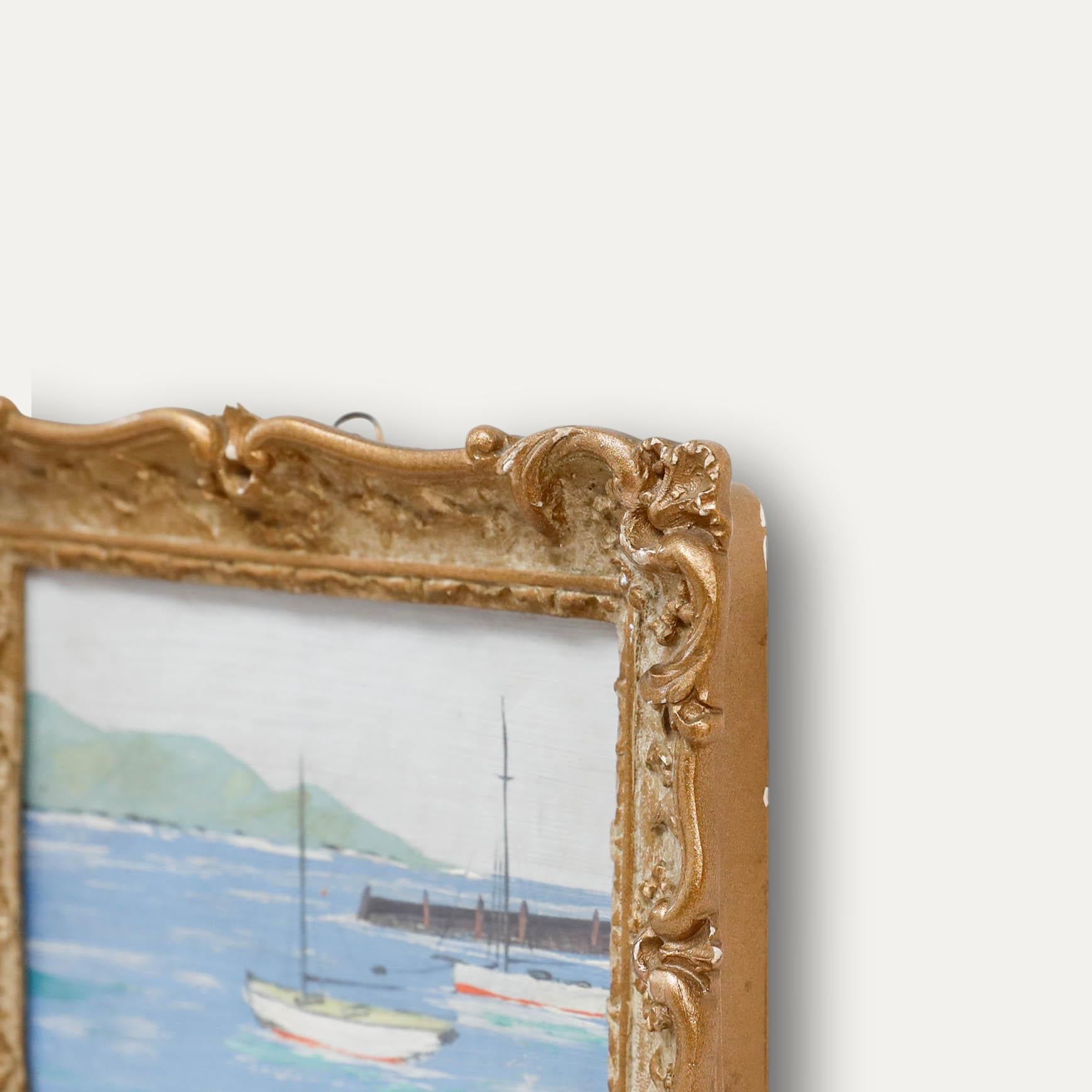 Miniatura a olio dei primi del Novecento - Barche a vela - Figurative Painting Beige di Unknown