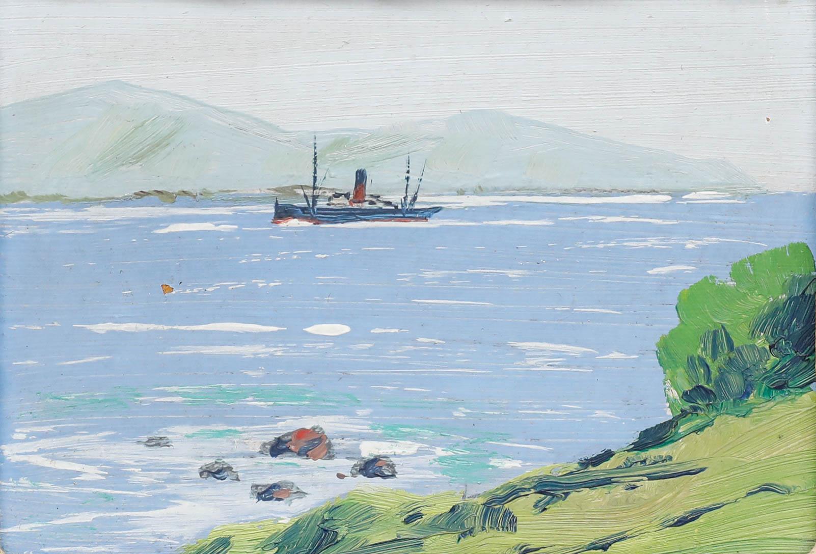 Miniatur-Öl des frühen 20. Jahrhunderts - Dampfschiff – Painting von Unknown