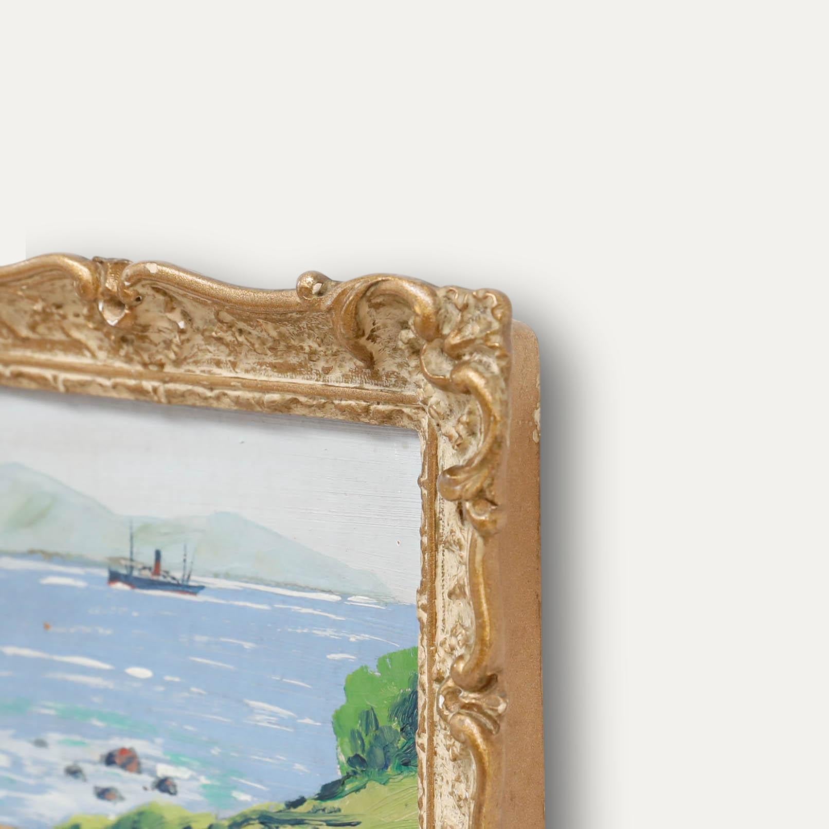 Miniatur-Öl des frühen 20. Jahrhunderts - Dampfschiff (Beige), Figurative Painting, von Unknown