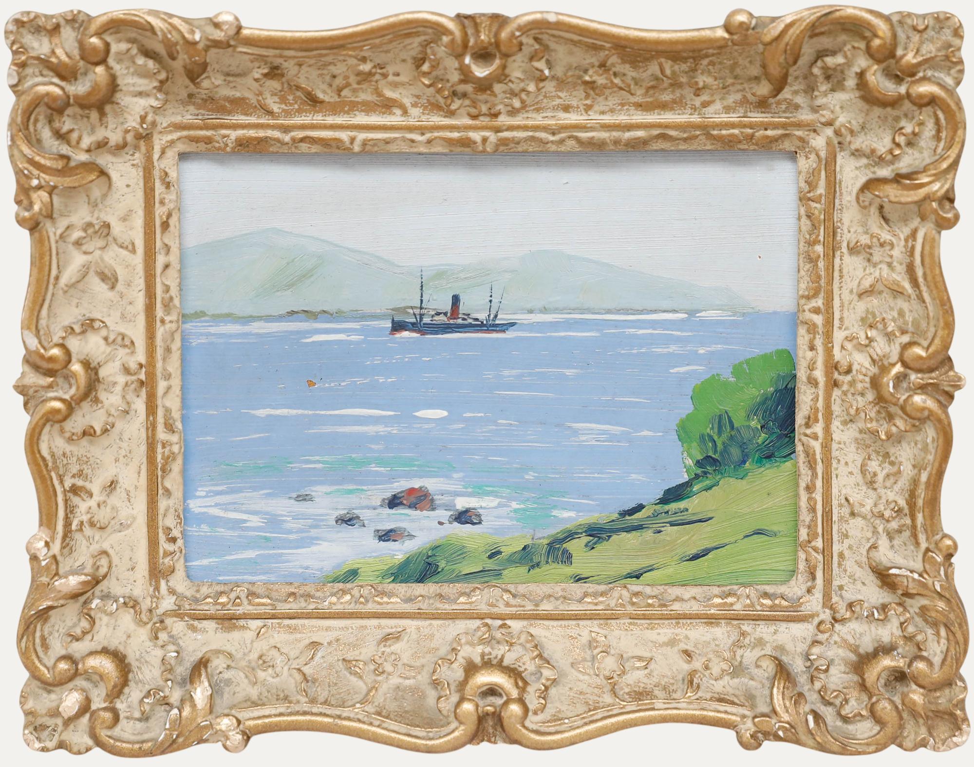 Unknown Figurative Painting – Miniatur-Öl des frühen 20. Jahrhunderts - Dampfschiff