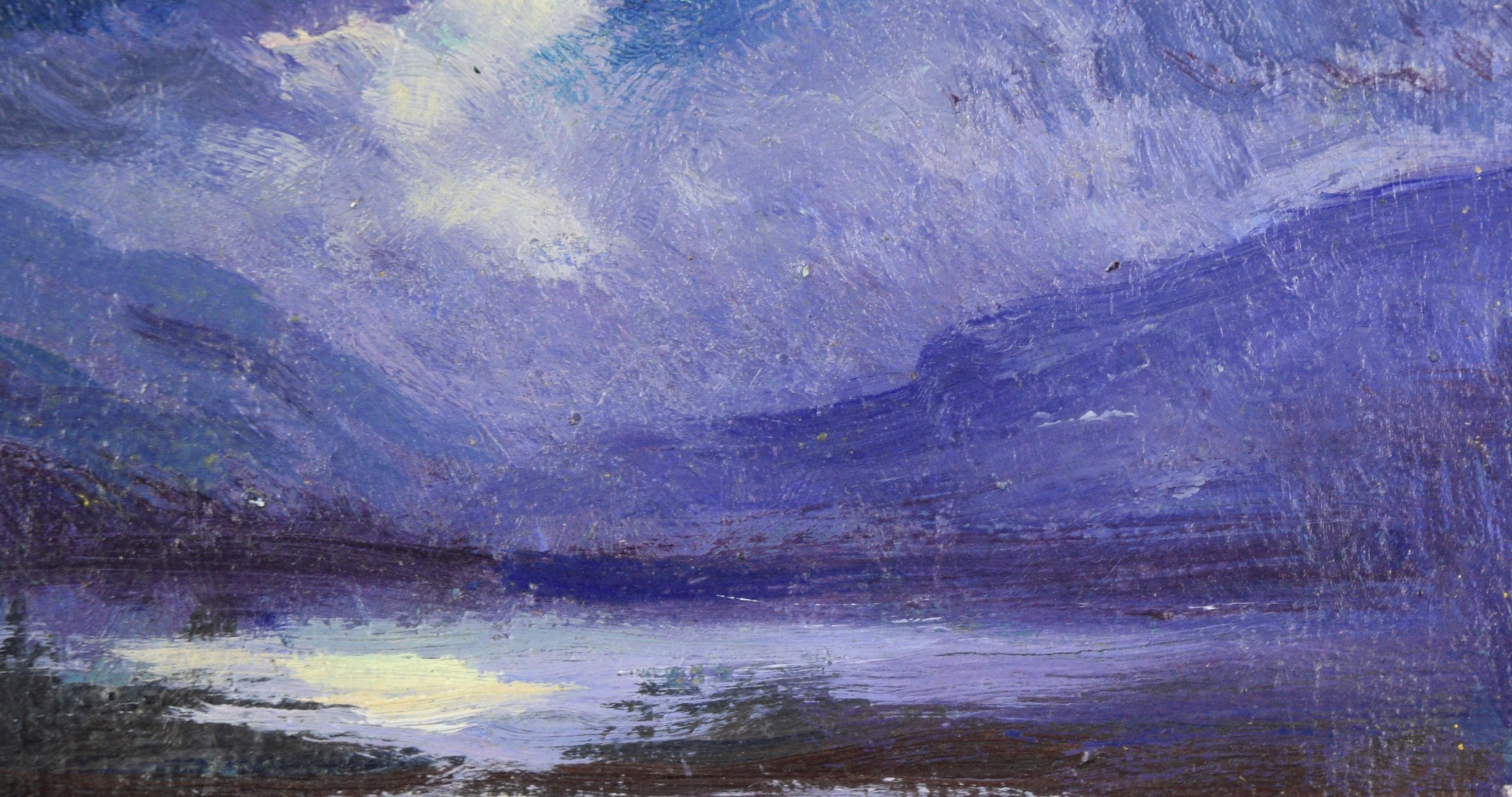 Paysage marin miniature de la rivière Carmel, rivière Midnight - Violet Landscape Painting par Unknown