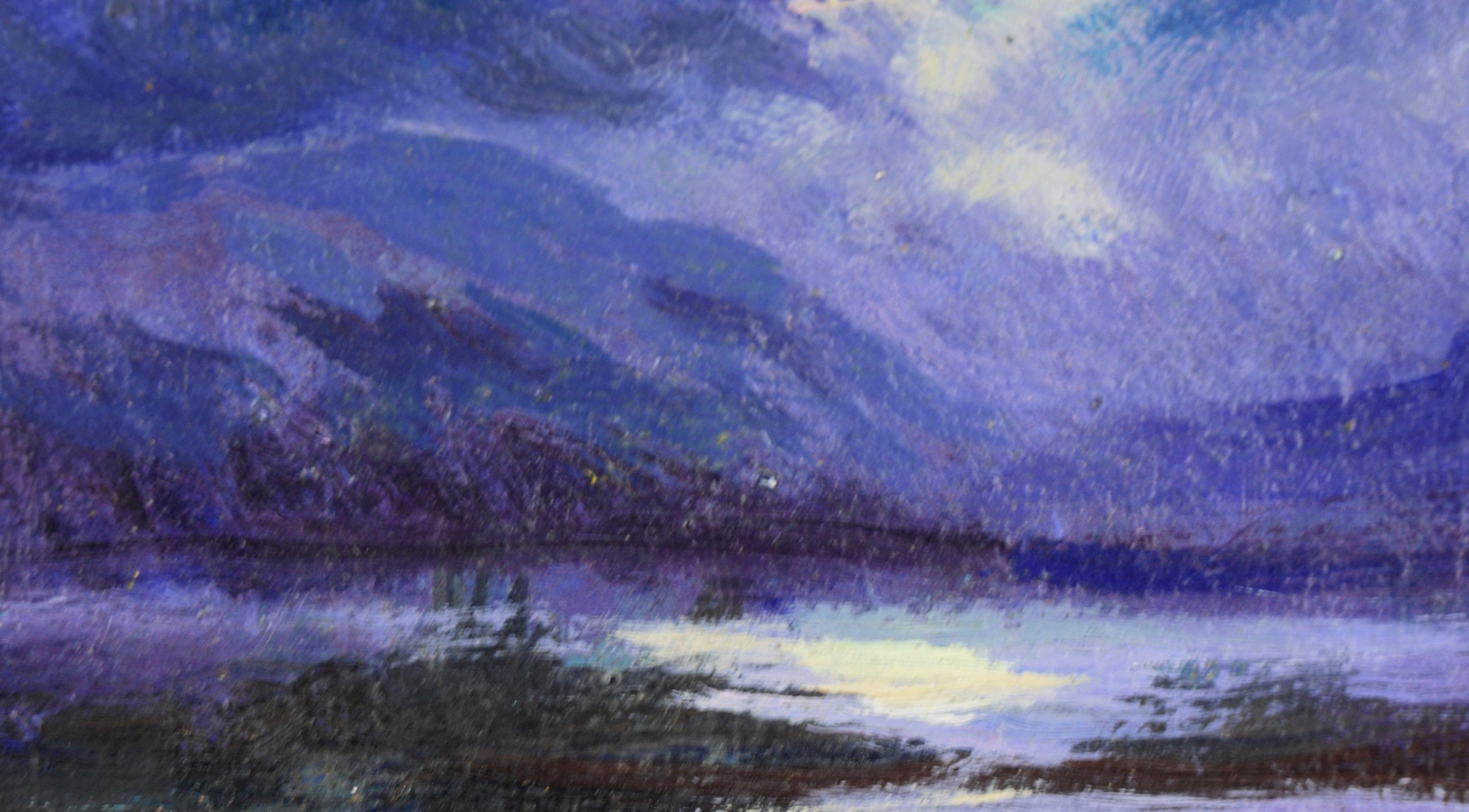 Dramatic seascape with a full moon by an unknown artist. The moon is partially obscured by clouds, and the light from the moon reflects in the water below. Purple-blue mountains frame the water on either side. Carmel or Pacific Grove Miniature
