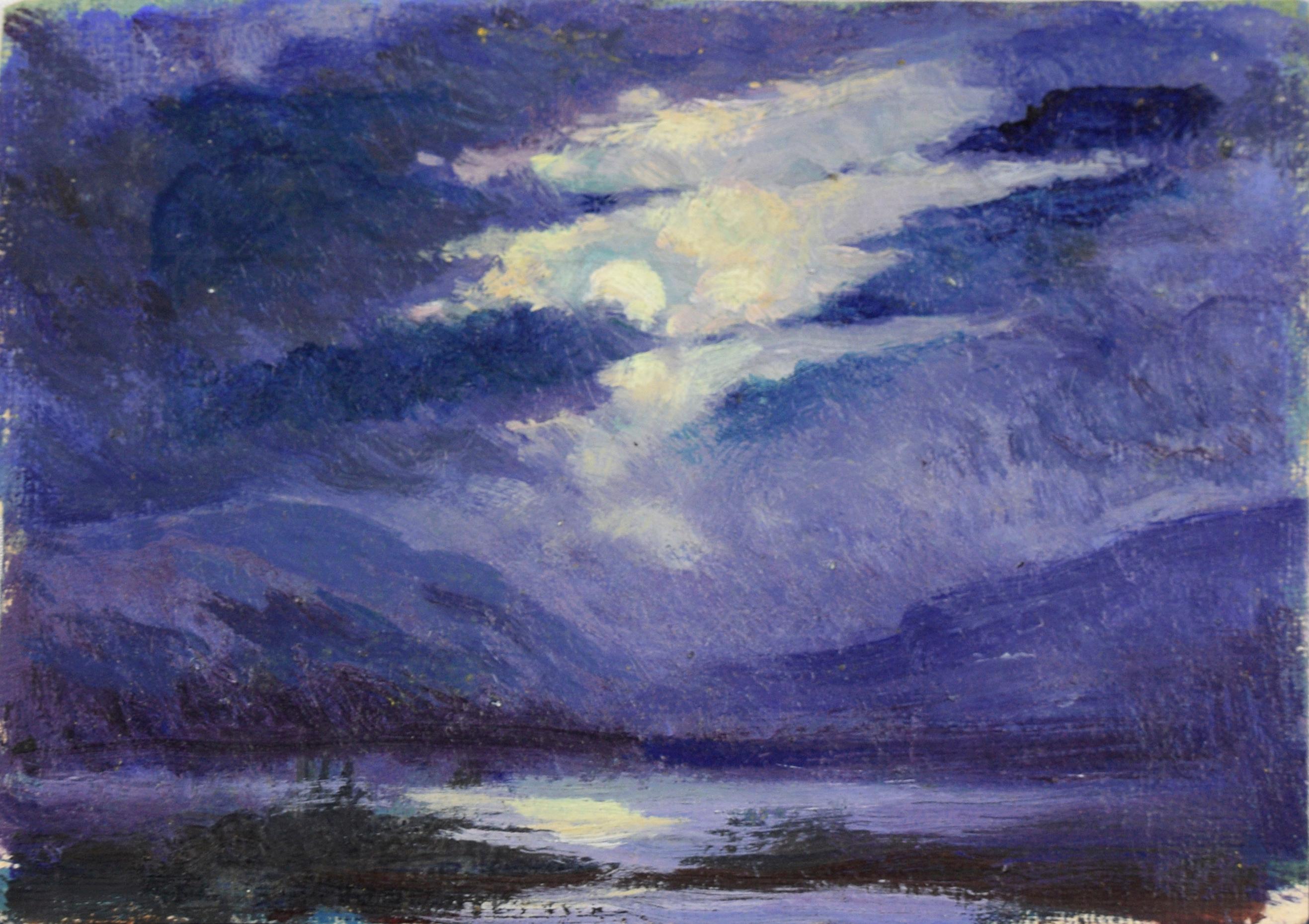Landscape Painting Unknown - Paysage marin miniature de la rivière Carmel, rivière Midnight