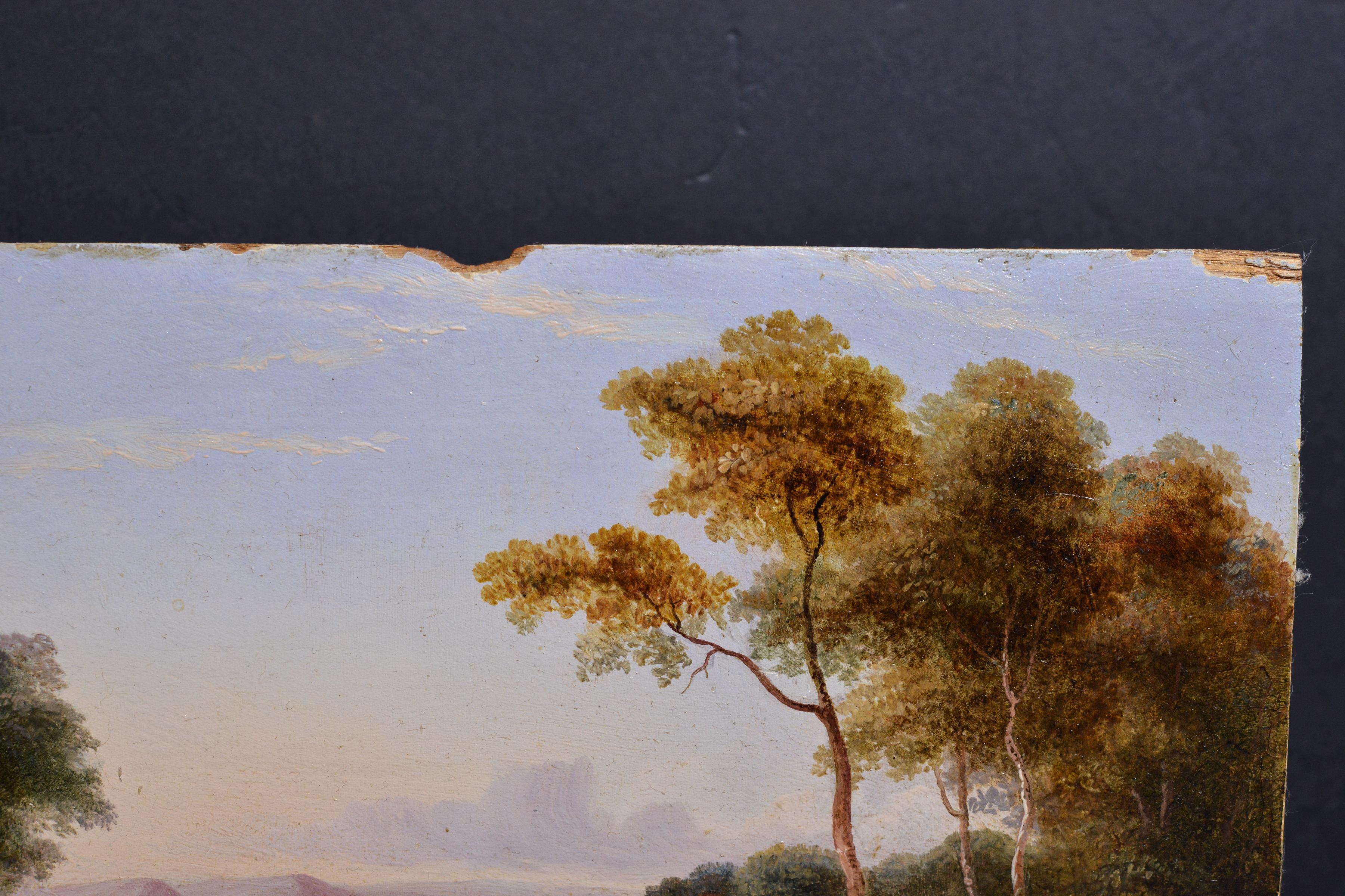 Miniature paysage pastoral 19ème siècle Romantisme Peinture à l'huile sur Wood - Painting de Unknown