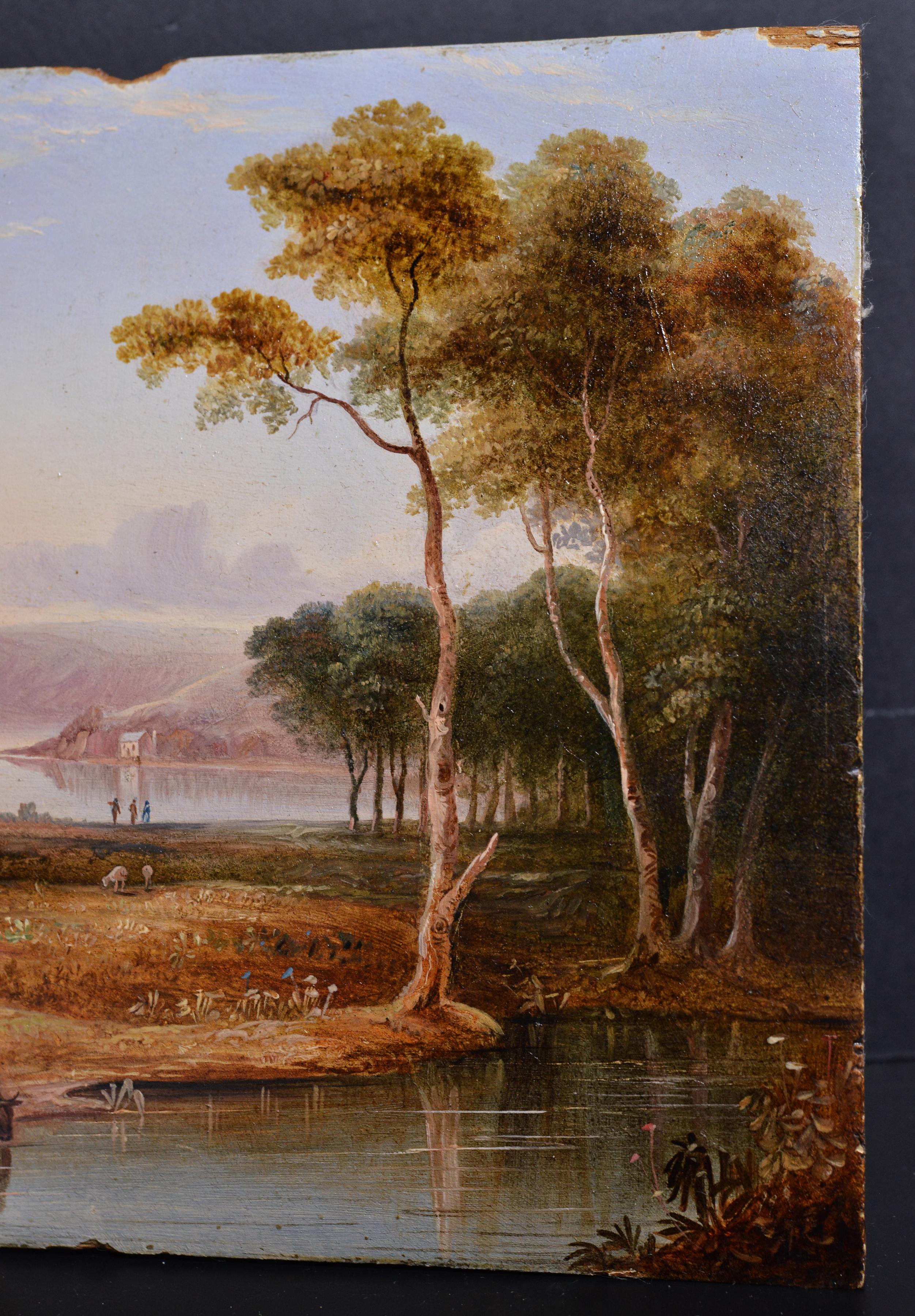 Miniature Pastorale Landschaft 19. Jahrhundert Romantik Ölgemälde auf Holz (Braun), Landscape Painting, von Unknown