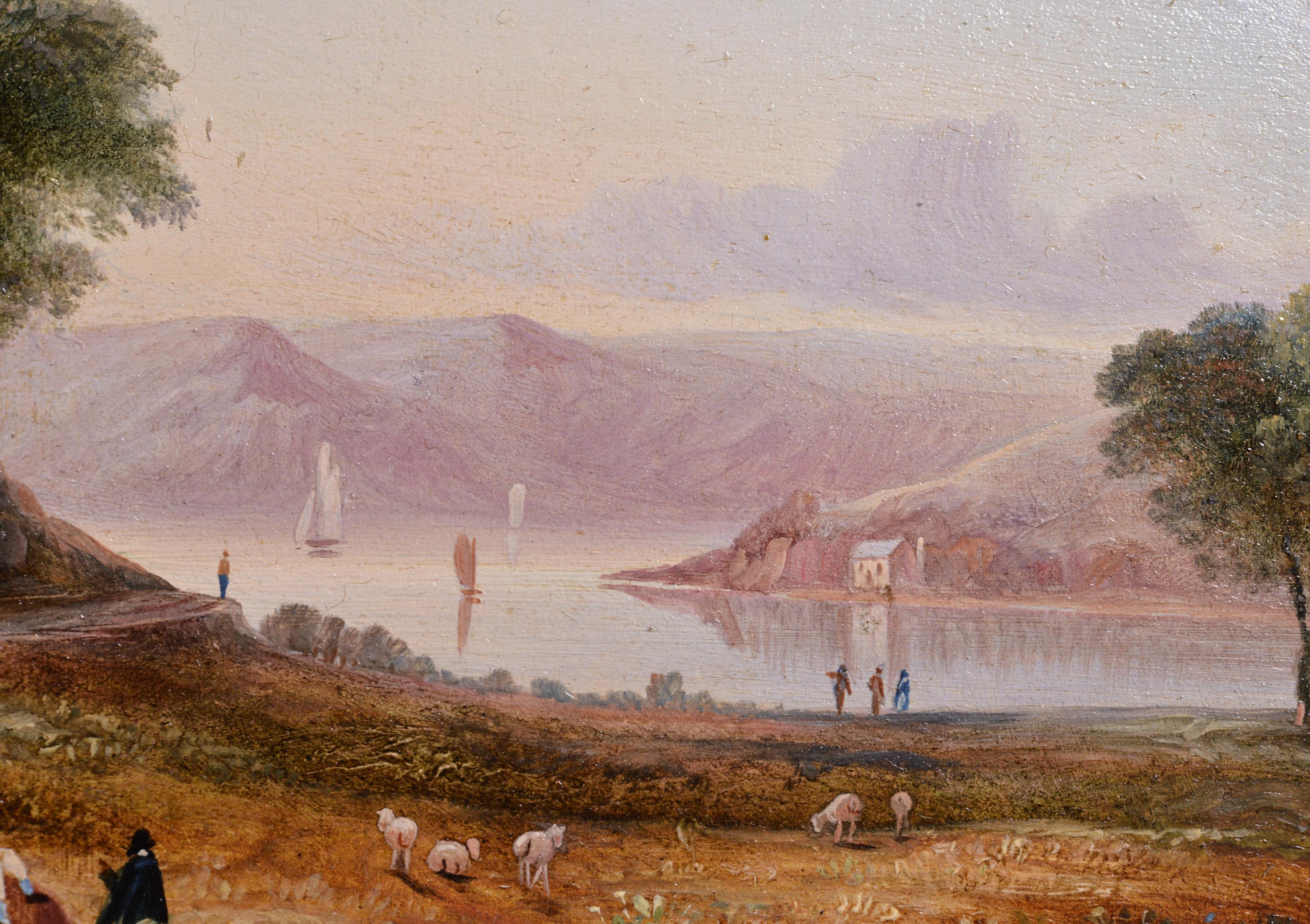 Miniature paysage pastoral 19ème siècle Romantisme Peinture à l'huile sur Wood - Romantique Painting par Unknown