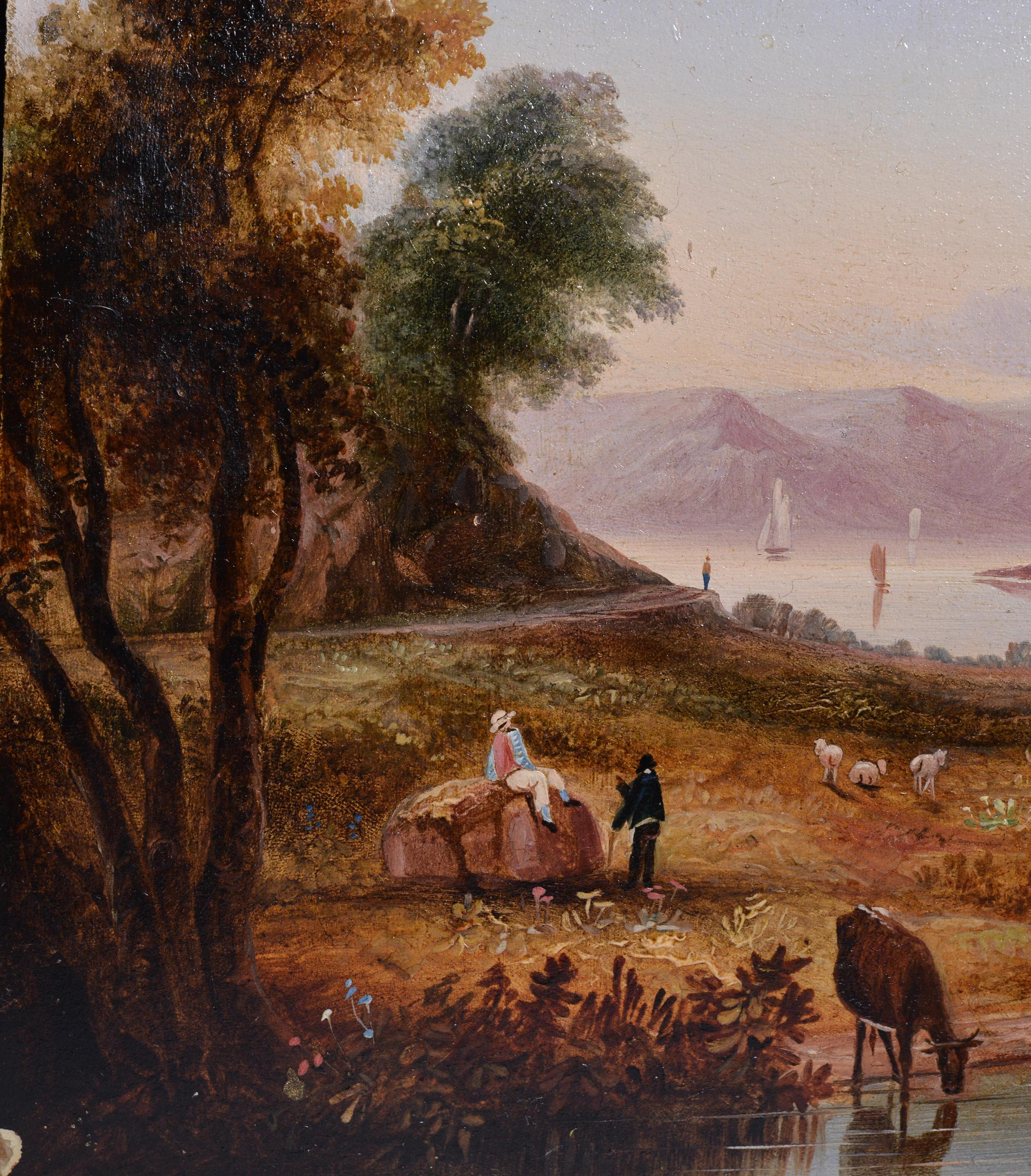 Pastoral Landscape with distant river valley in haze, flock, cattle watering and figures in lightly wooded foreground - Idyllic scene painted in oils by unknown professional mid-19th century artist in late Romanticism manner. The artist has created