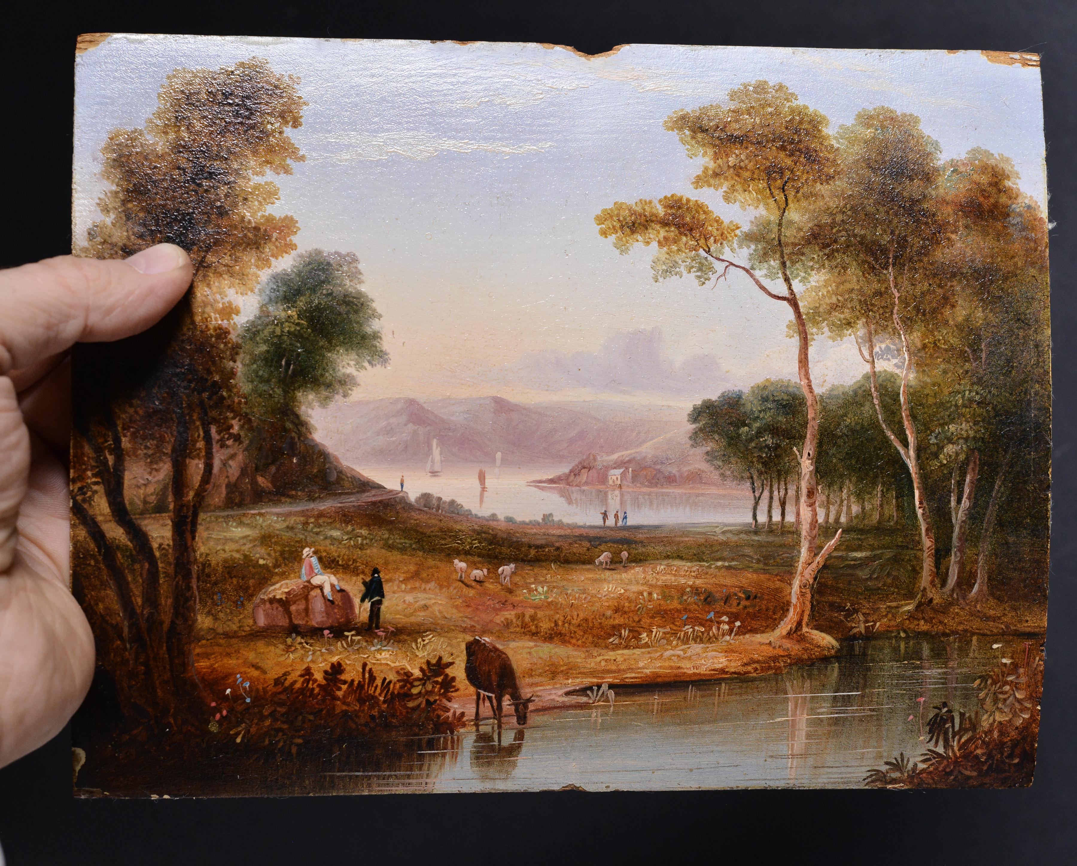 Paysage pastoral avec une vallée fluviale lointaine dans la brume, un troupeau, du bétail s'abreuvant et des personnages au premier plan légèrement boisé - Scène idyllique peinte à l'huile par un artiste professionnel inconnu du milieu du XIXe
