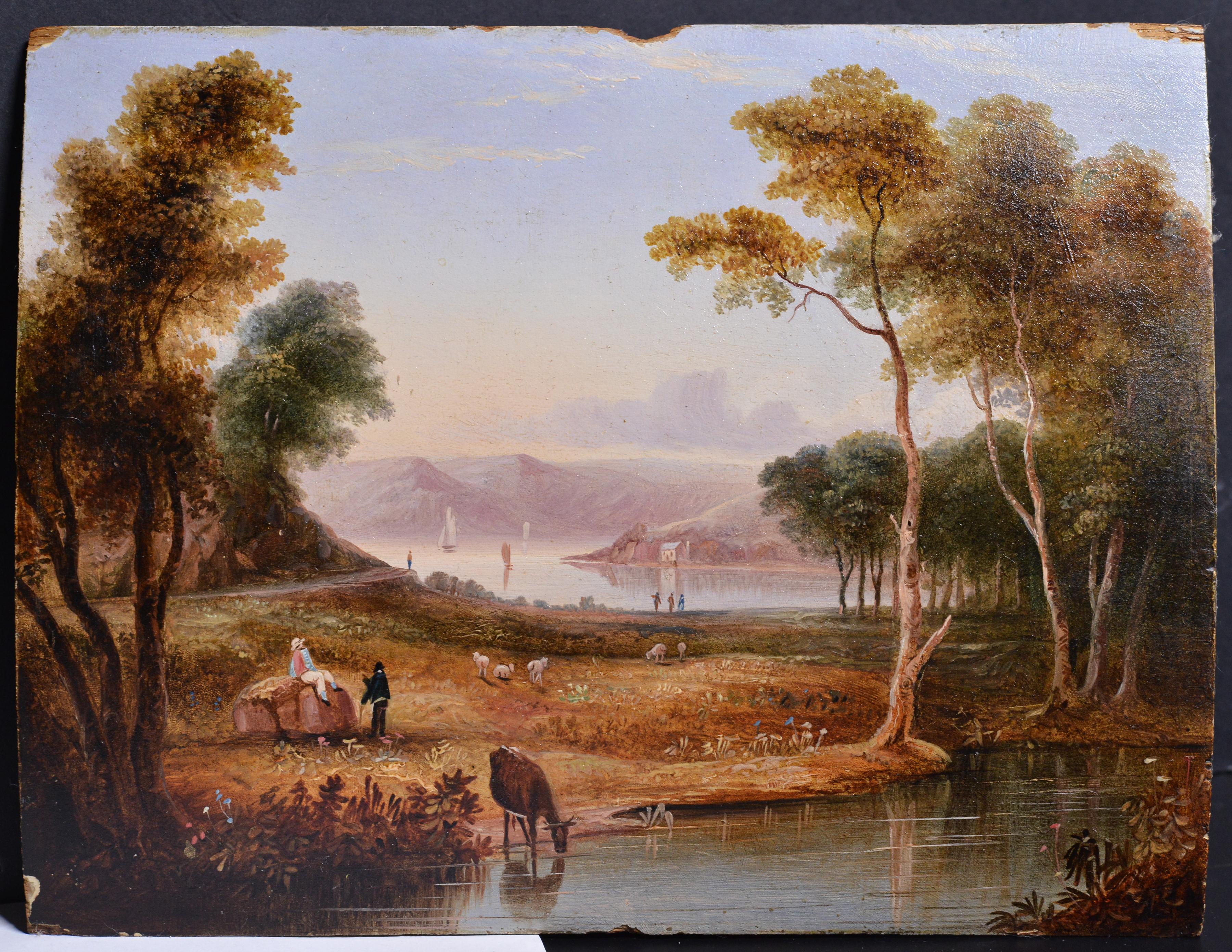 Landscape Painting Unknown - Miniature paysage pastoral 19ème siècle Romantisme Peinture à l'huile sur Wood