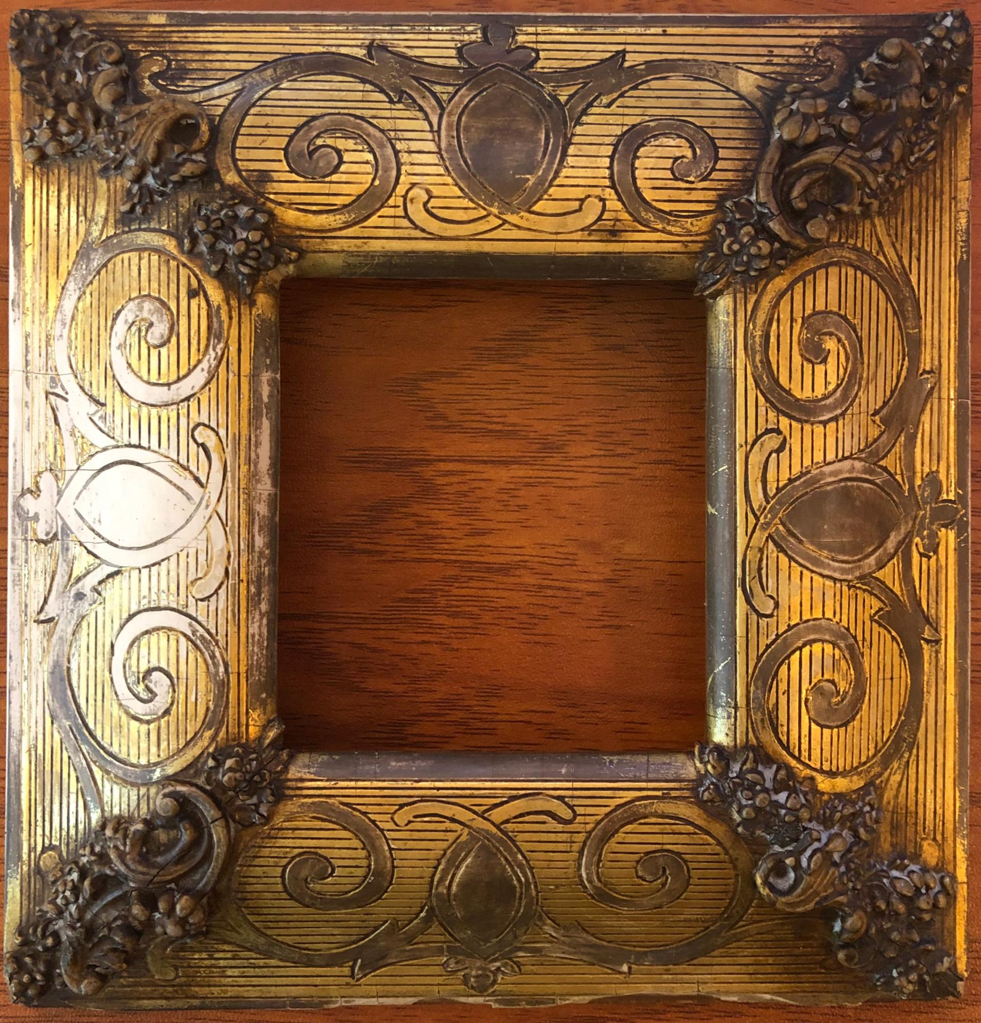 Oil on ivory panel, 2 3/8 x 2 inches (58 x 49 mm), painted to the margins.  Presented in the original period gilded gesso frame with handmade hardware.  Some surface soiling, minor rubbing in the areas of the margins which sit beneath the lip of the